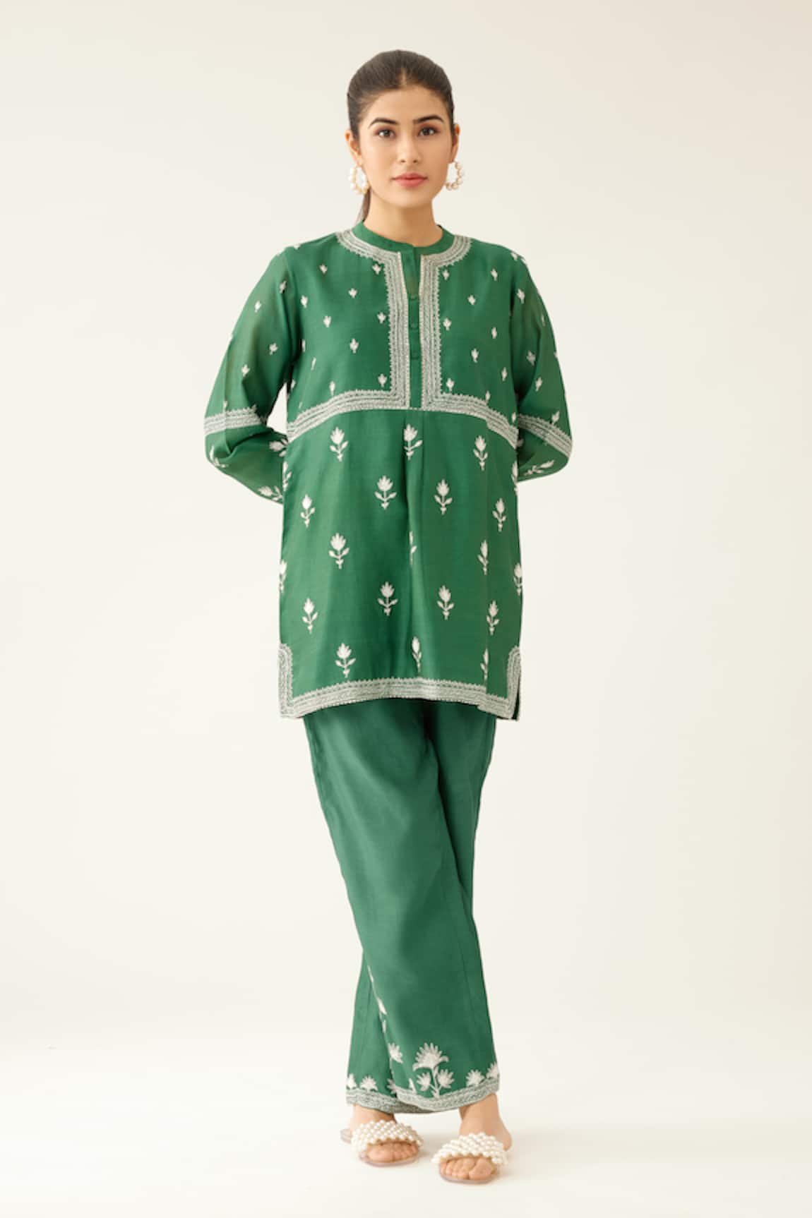 Kora Silk Chanderi Floral Embroidered Kurta & Pant Set