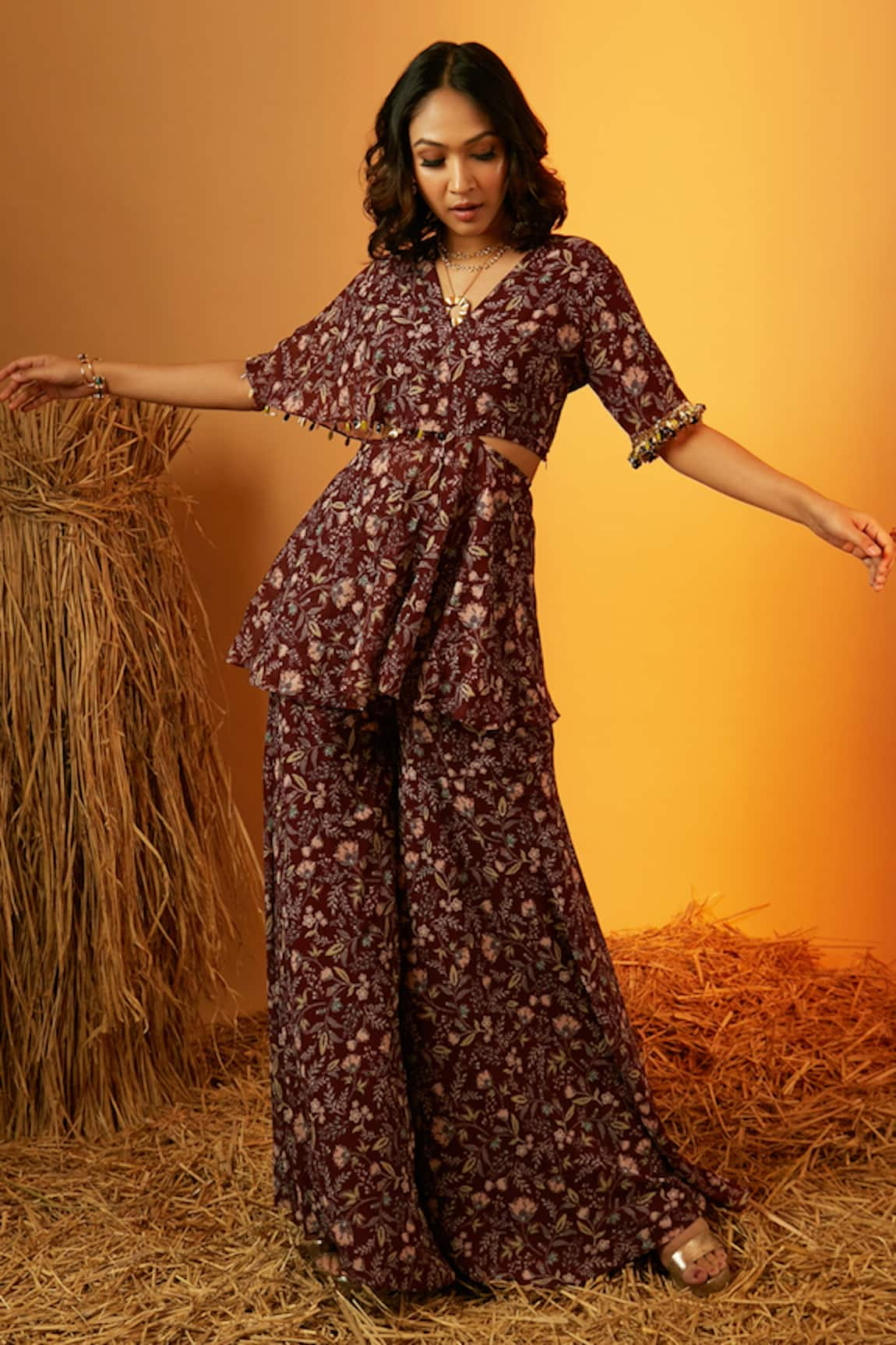 RIA SHAH LABEL Flower Print Draped Top & Pant Set