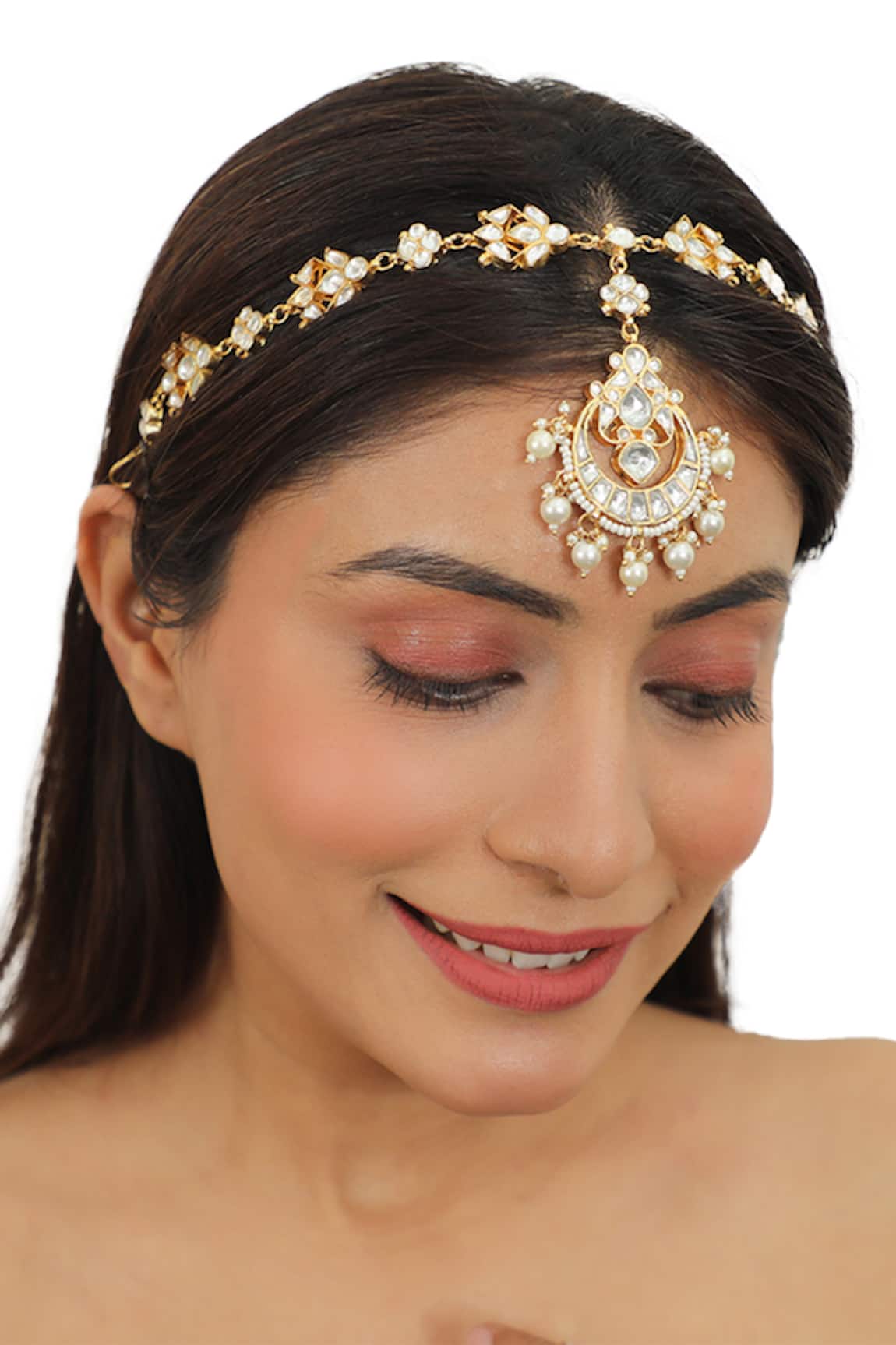 Riana Jewellery Pearls & Jadtar Stone Embellished Mathapatti 