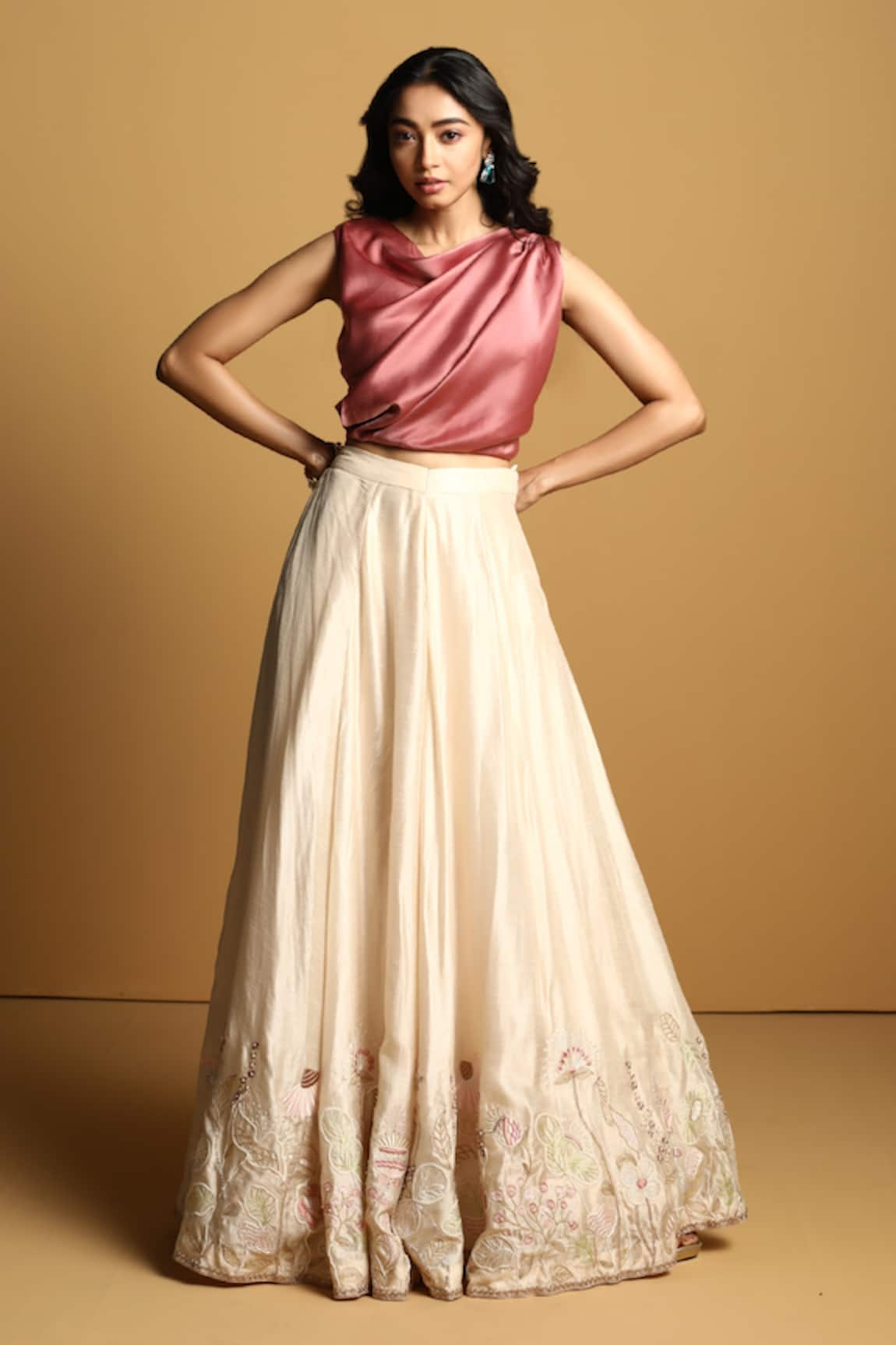 28 Threads Satin Top & Embroidered Skirt Set