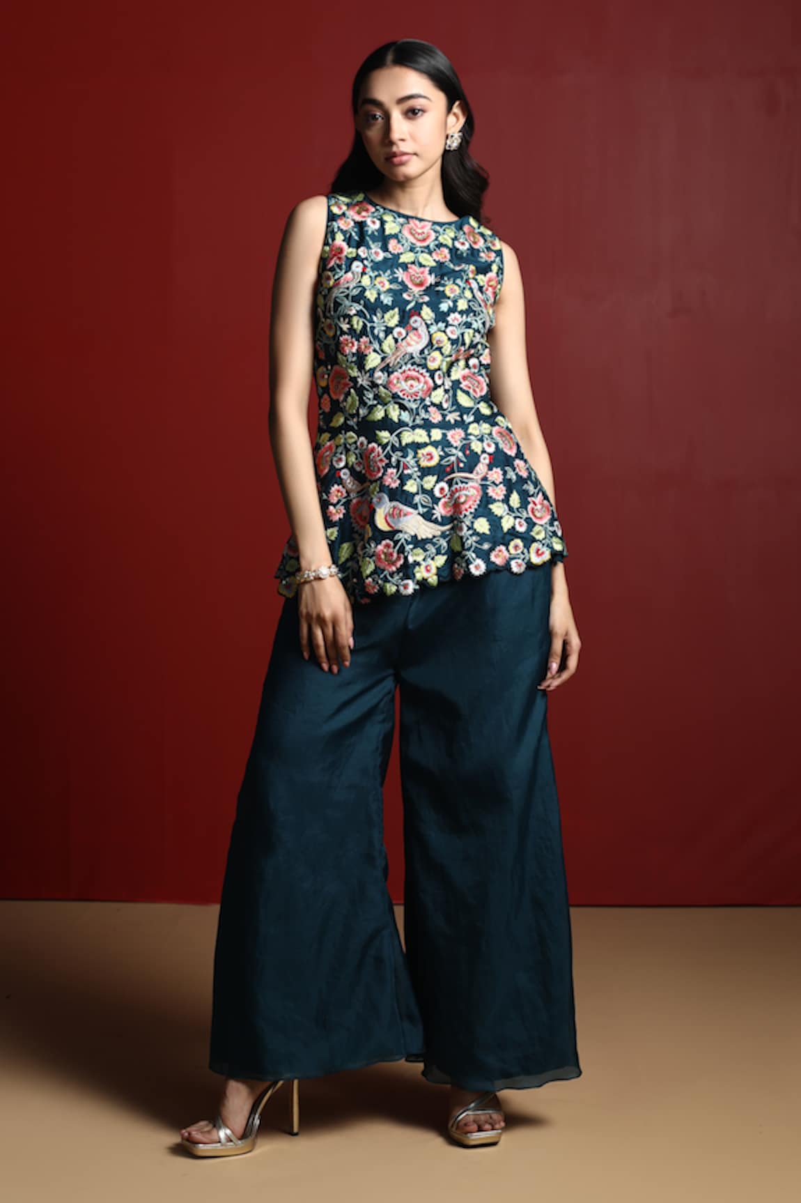 28 Threads Floral Embroidered Peplum Top & Flared Pant Set