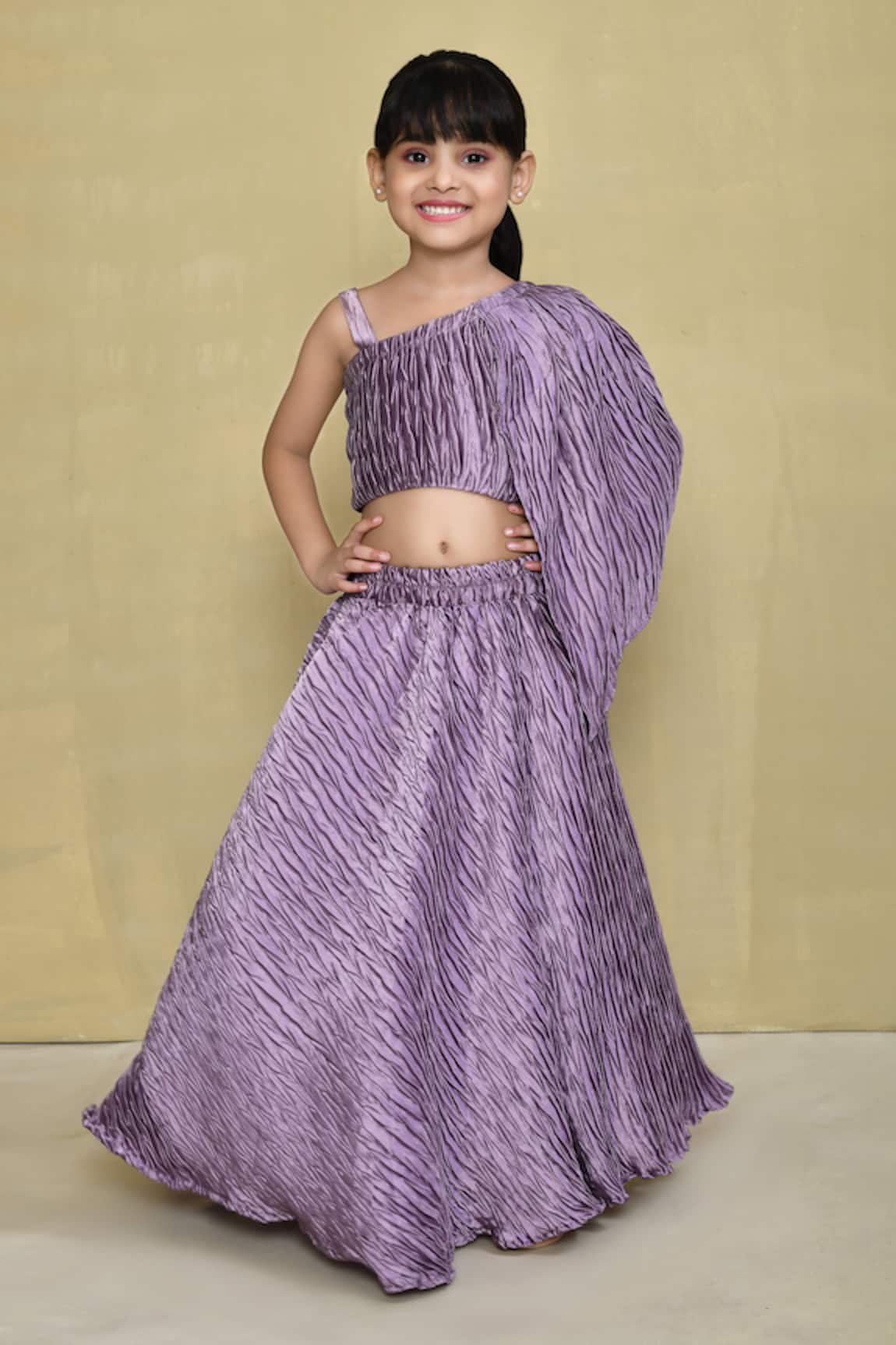 Petite Pomme Textured One Shoulder Top & Lehenga Set 