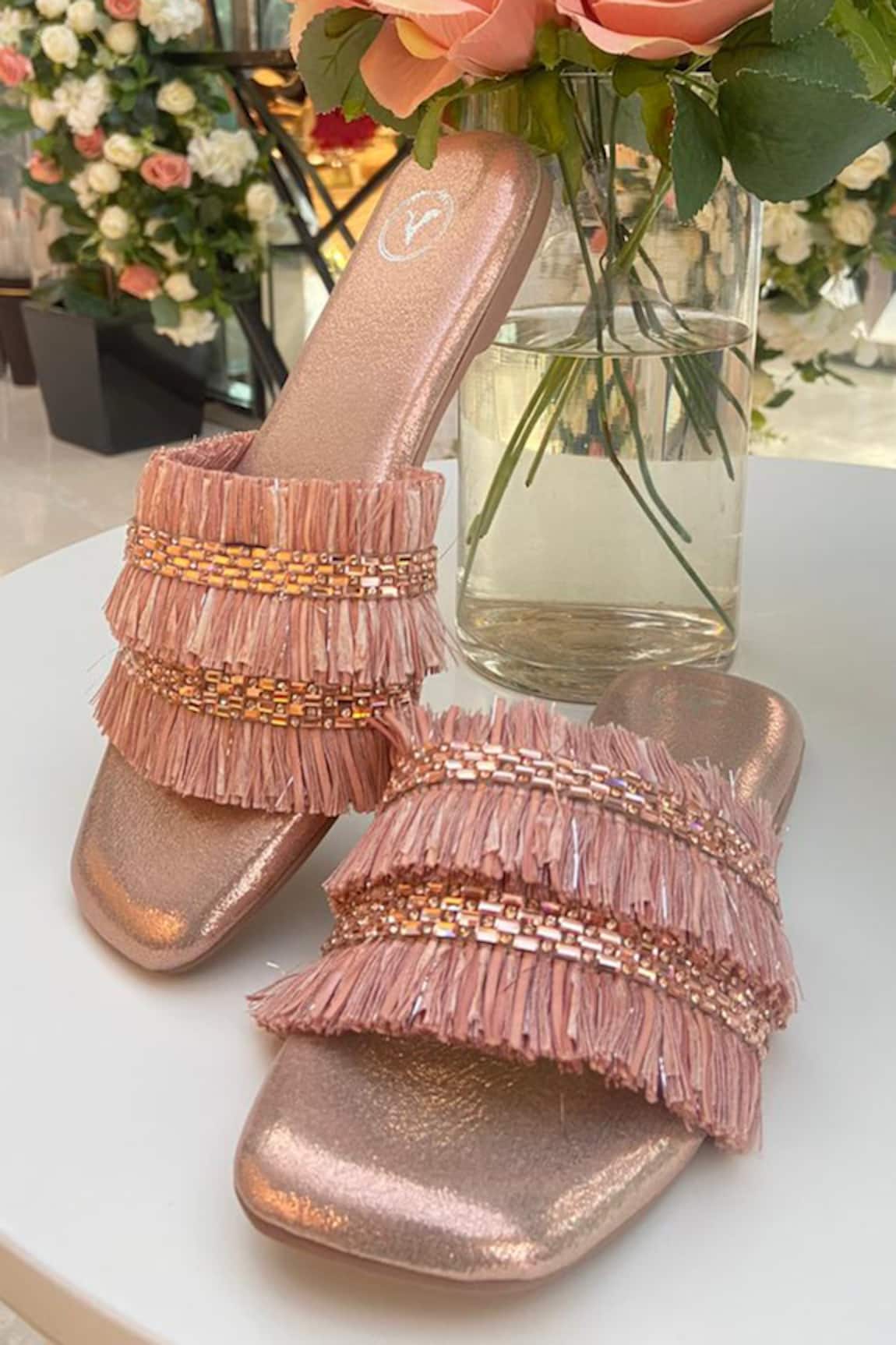 Sana K luxurious Footwear Frill Embellished Sliders