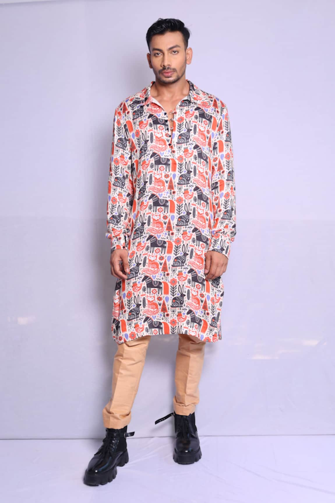 Debarun Jean Abstract Jungle Print Kurta With Trouser