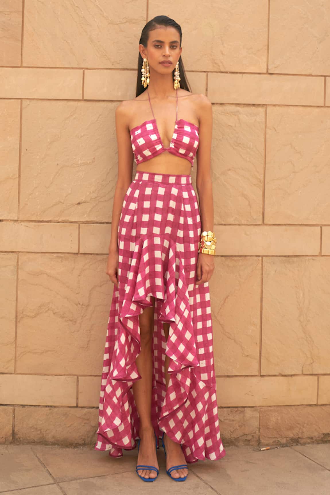 Aapro Halter Neck Checkered Skirt Set 