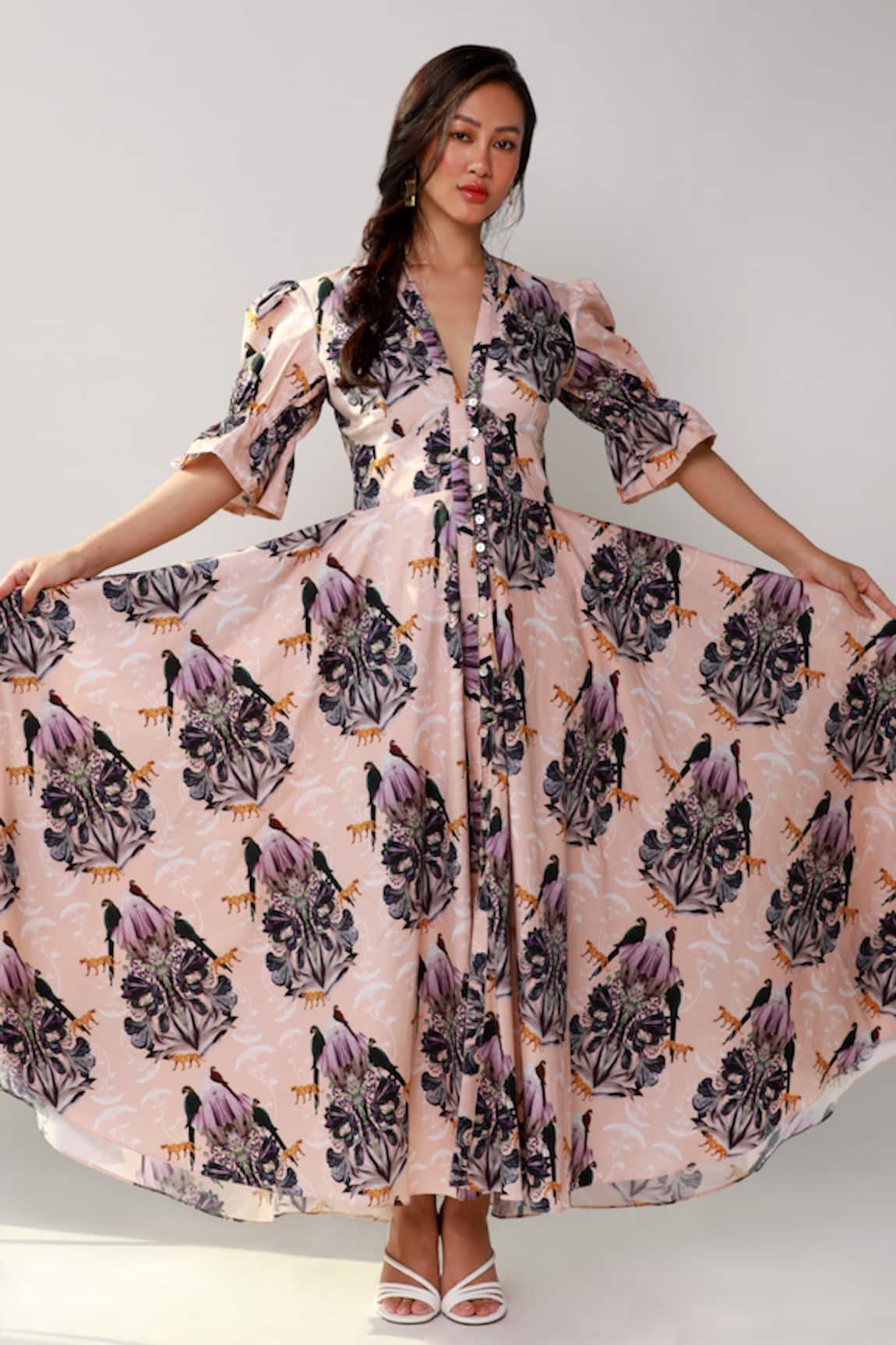 Ekastories Cotton Floral & Parrot Print Dress 