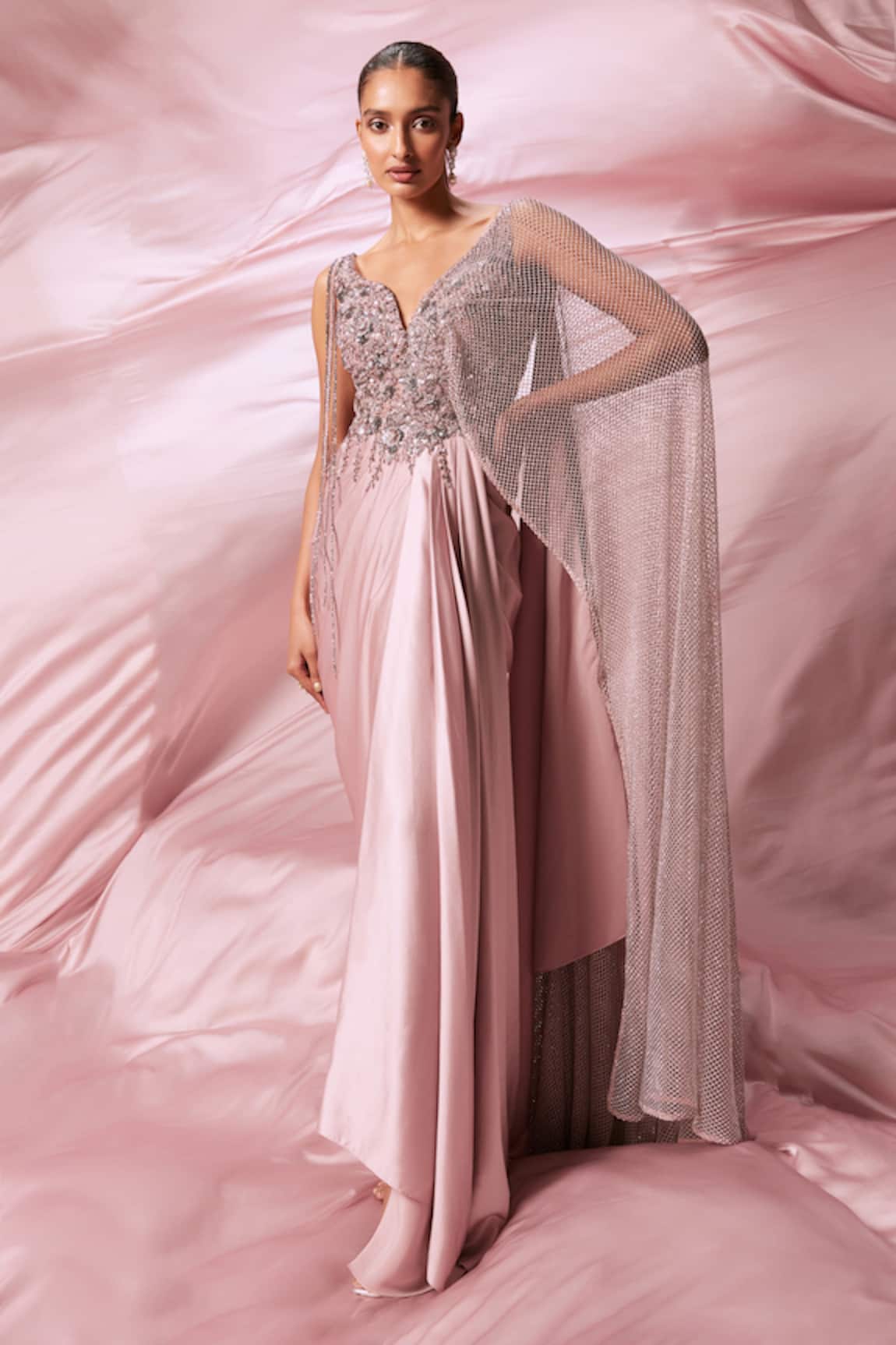 Roqa Sequin Embroidered Yoke Draped Gown