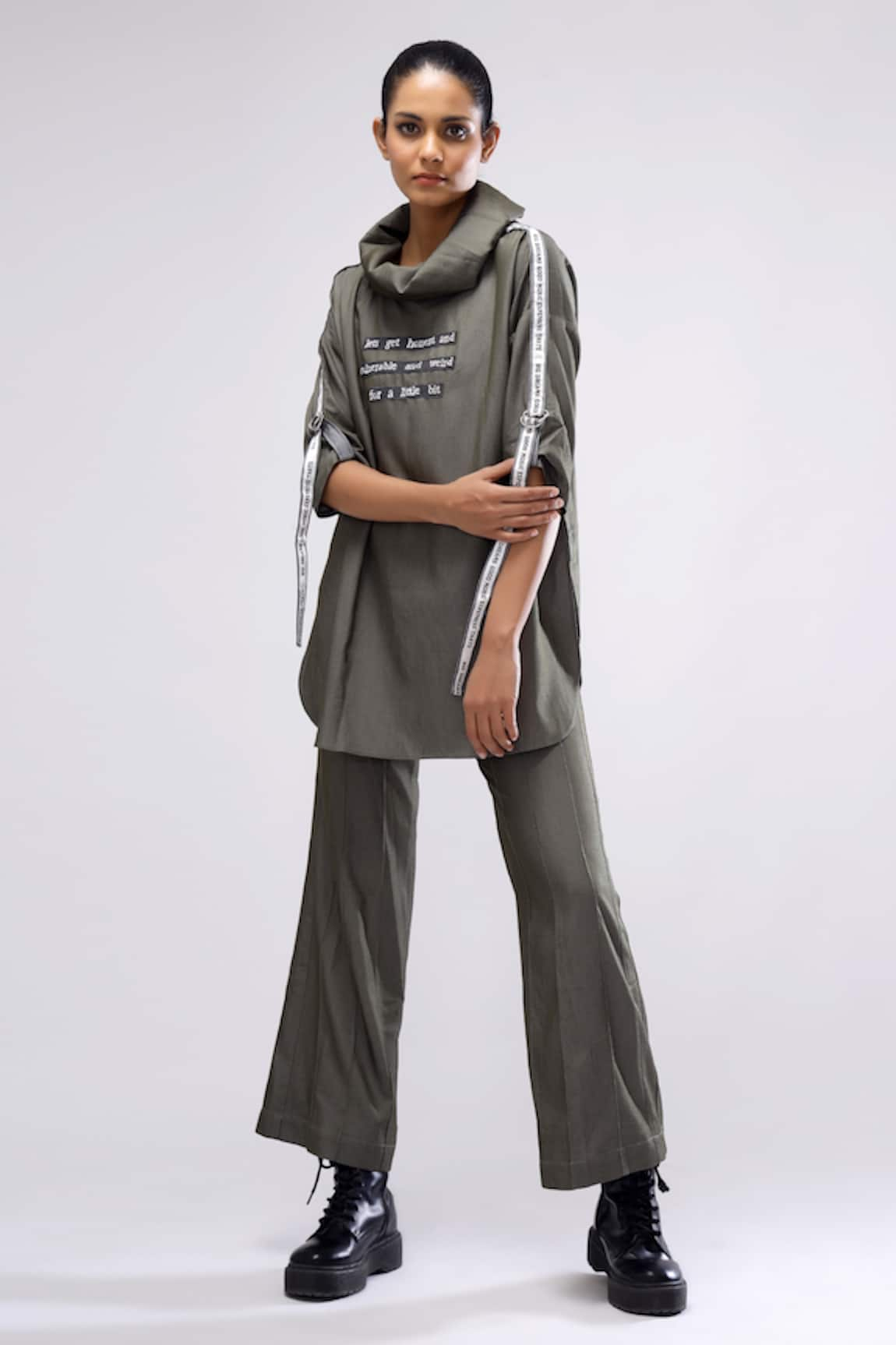 Scribbology Typography Embroidered Cowl Top & Flared Pant Set