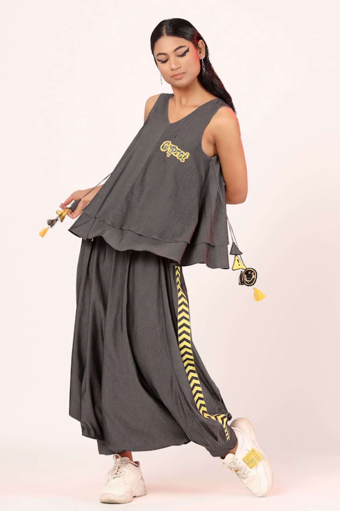 Scribbology Text Embroidered Top With Harem Pant