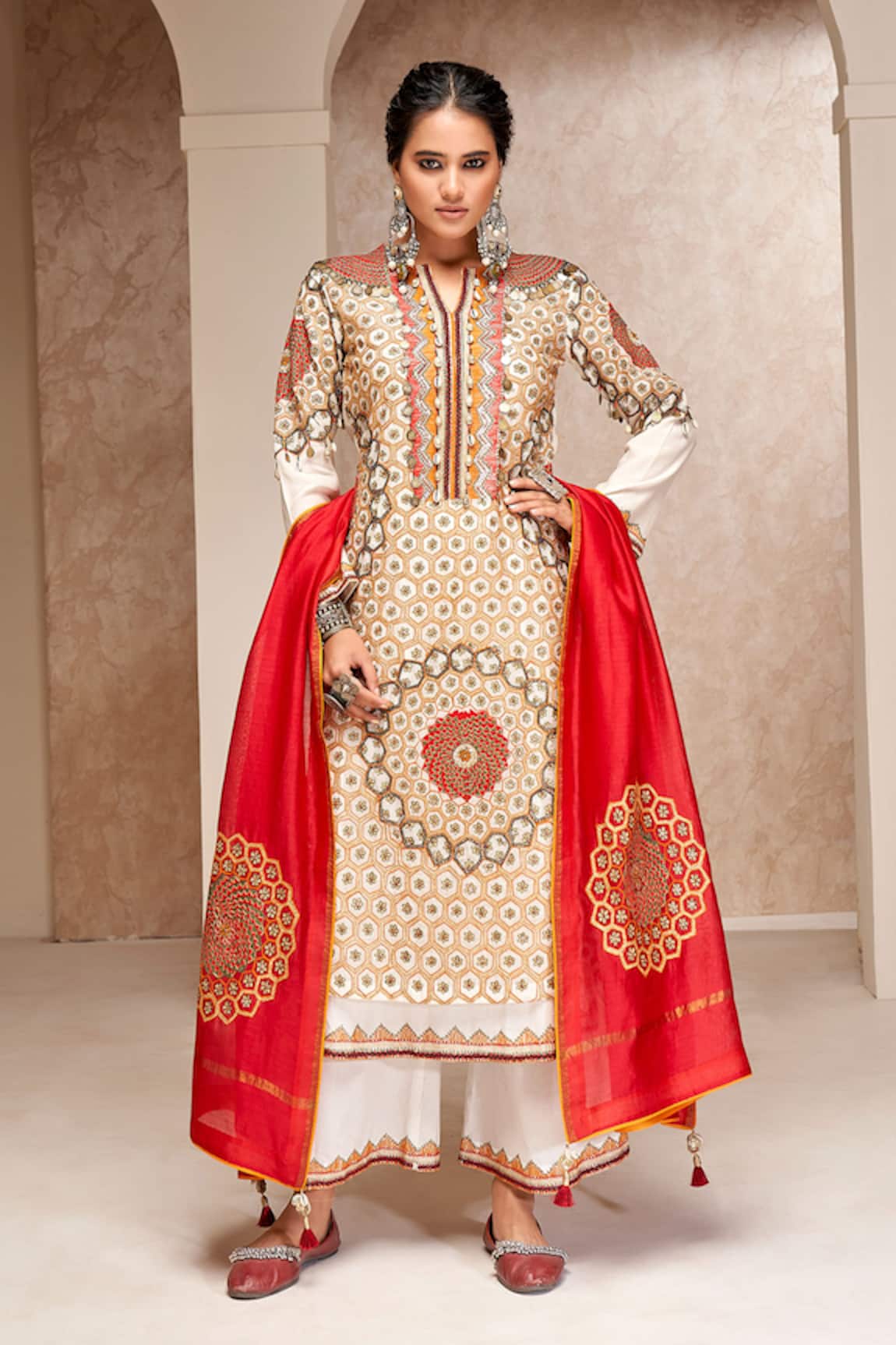 Aditi Somani Chanderi Geometric Embroidered Kurta Set