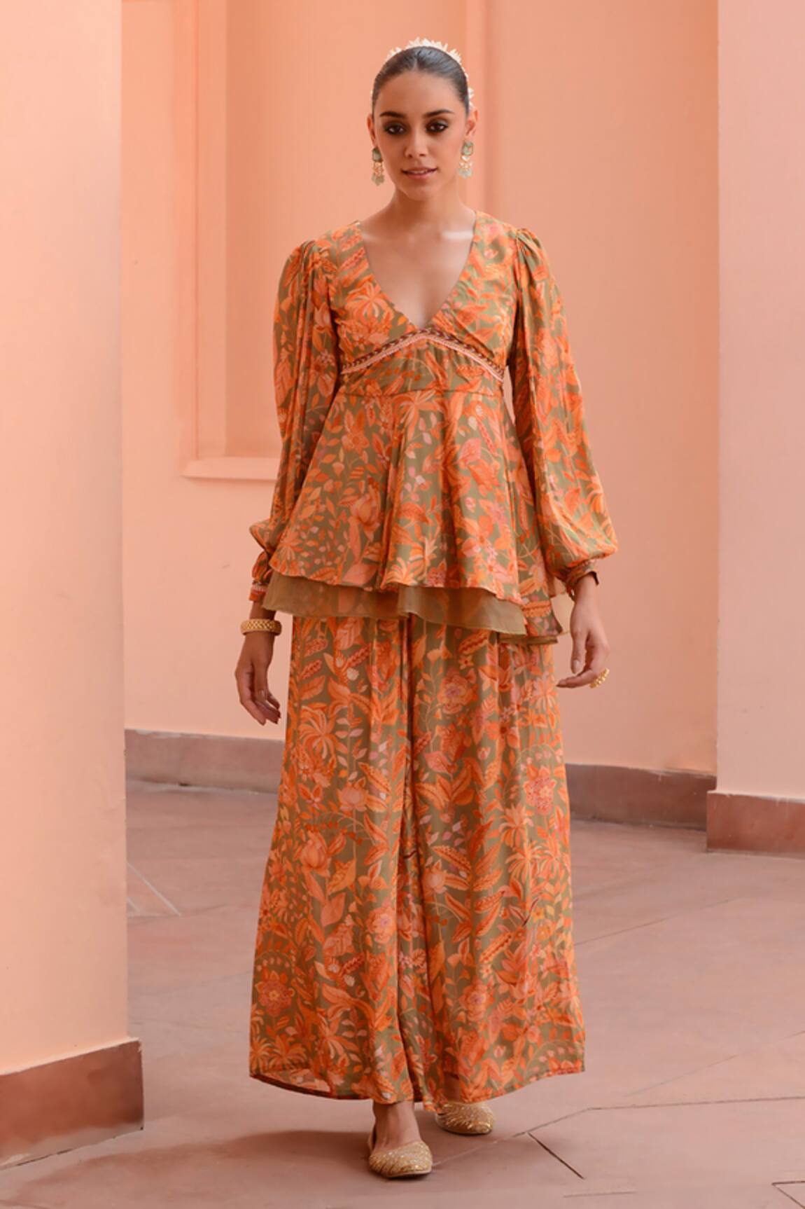 Rishi & Vibhuti Plum Printed Peplum Top & Pant Set