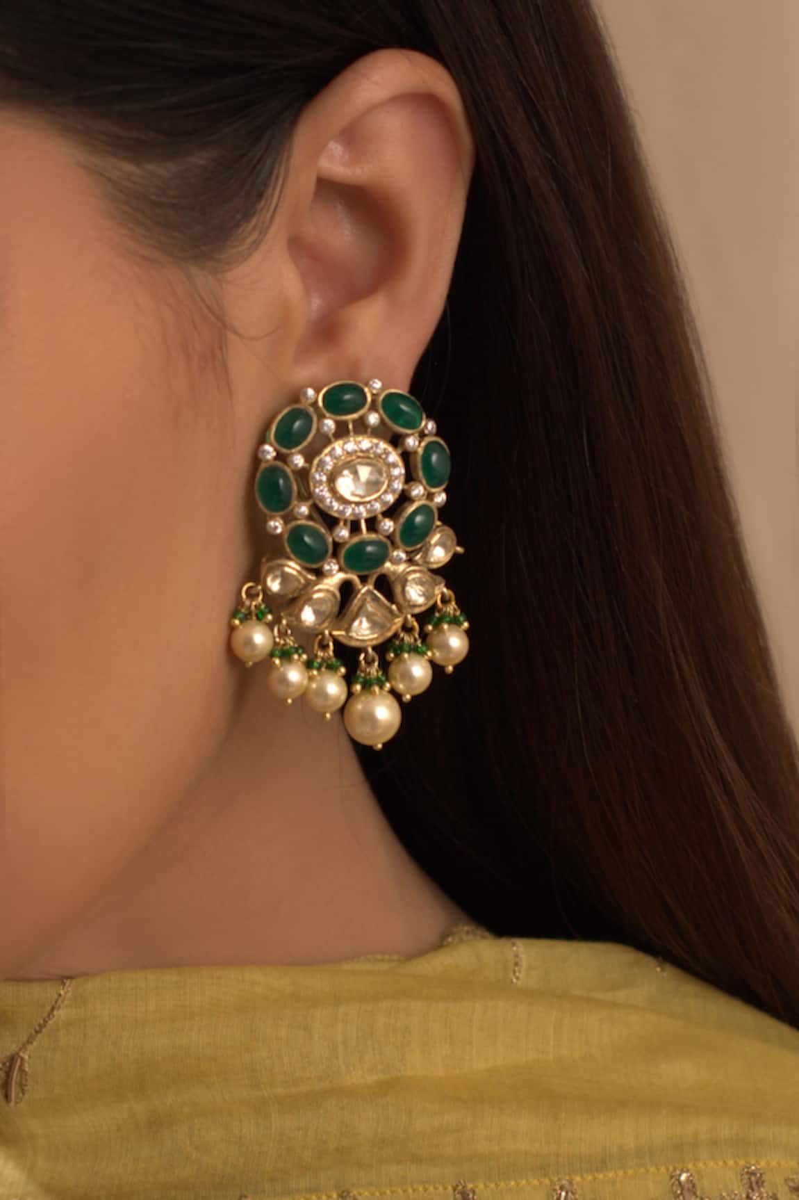 Kaari Gold Floral Polki Pearl Drop Danglers