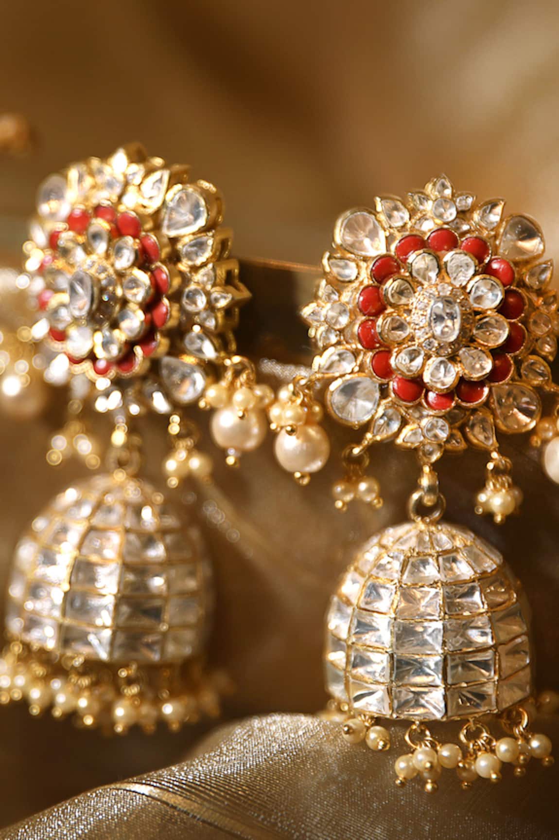 Sushila Jewels Golden And Pink 22 Carat Gold Natural Uncut Diamond Polki  Jadau Jhumka Earrings