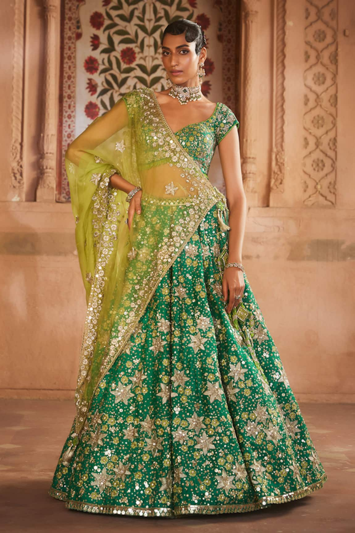 Shop for Vvani by Vani Vats Green Tiered Mirror Embroidered Lehenga Set for  Women Online at Aza Fashions | Aza fashion, Fashion, Green lehenga