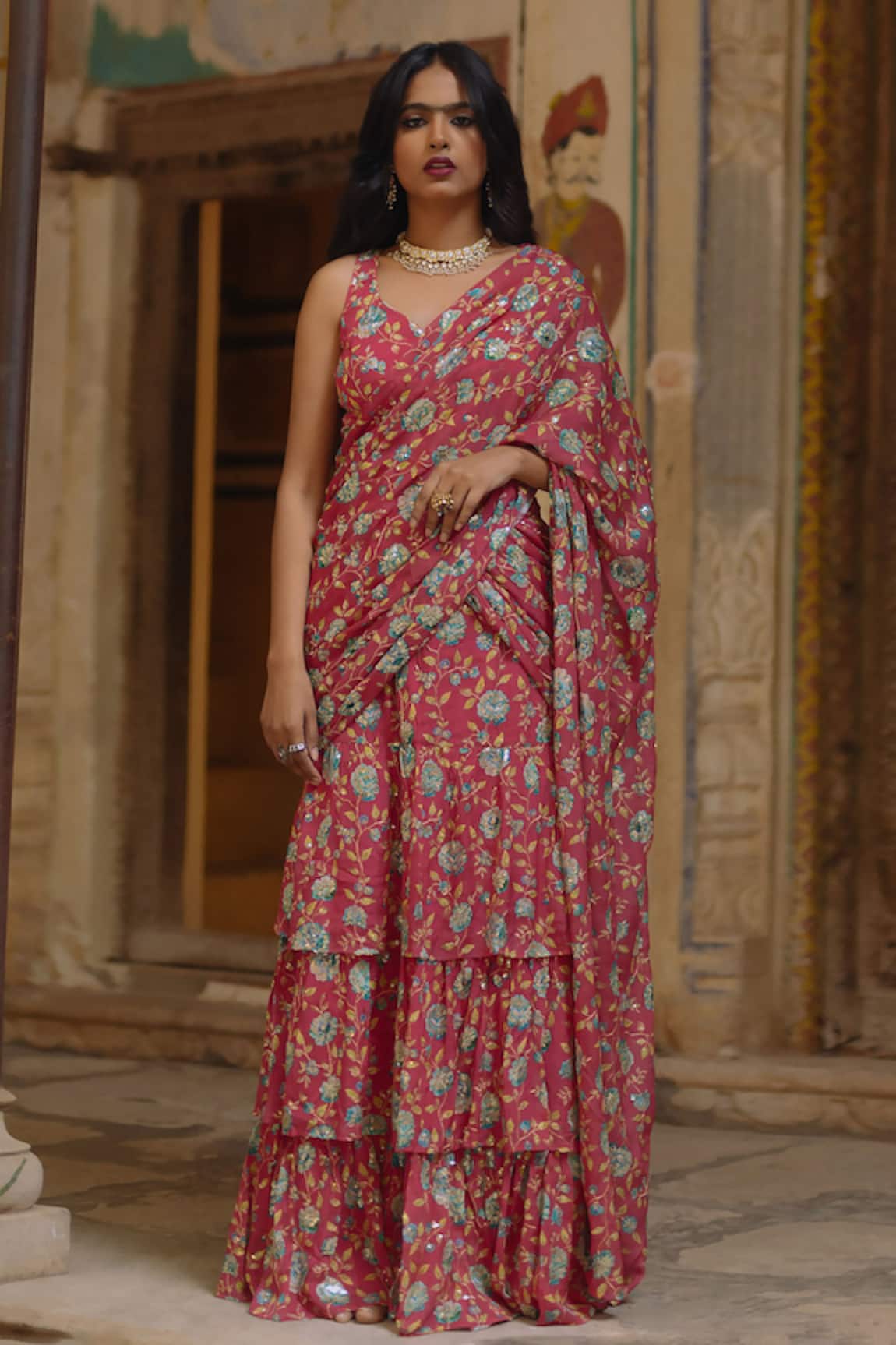 BAARO MASI Bloom Print Pre-Draped Saree With Blouse