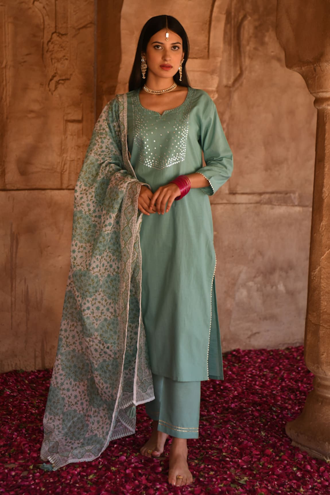 KARAJ JAIPUR Kurta Set With Floral Block Print Dupatta