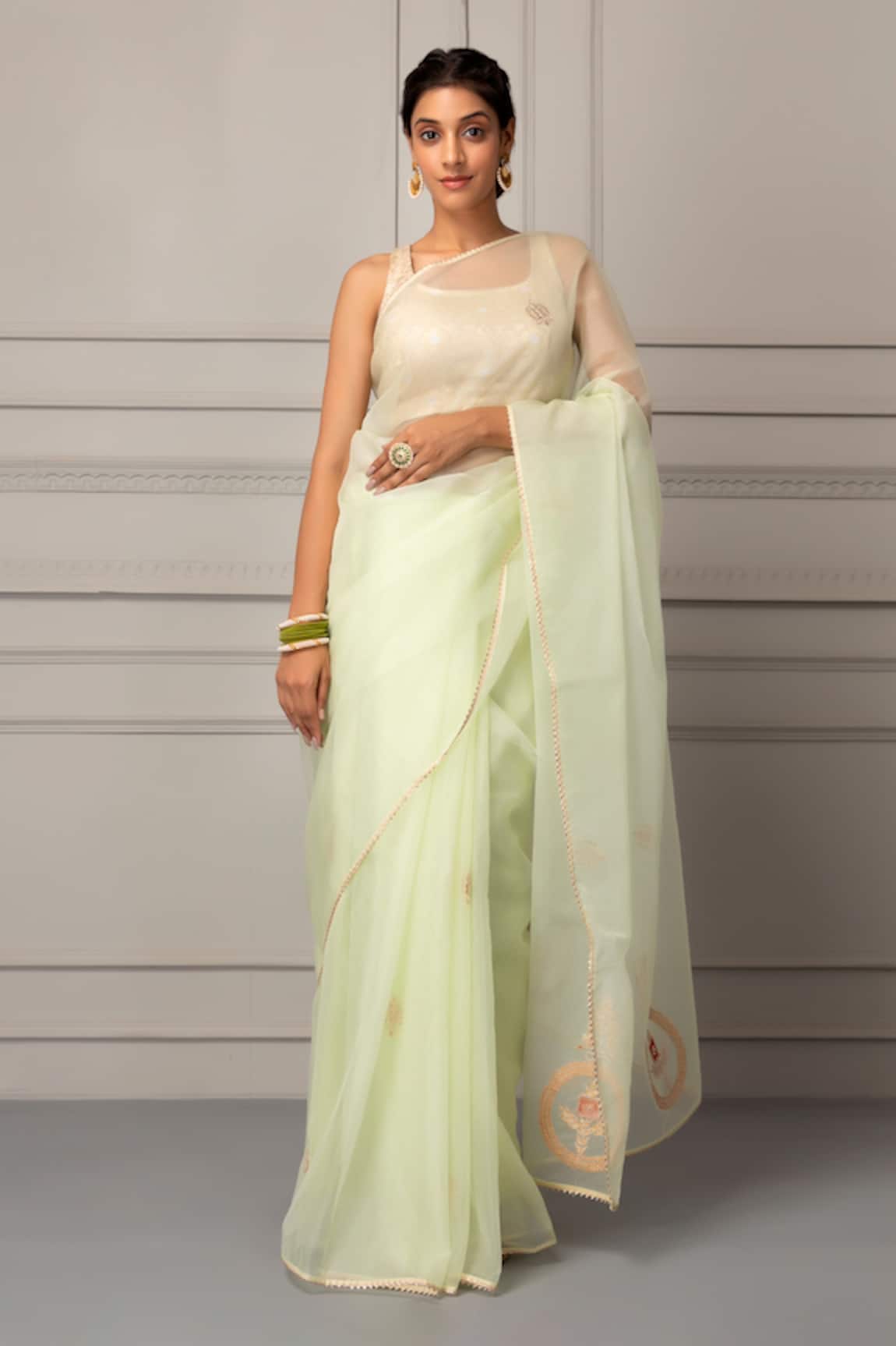 Geroo Jaipur Floral Gota Work Saree With Unstitched Blouse Piece