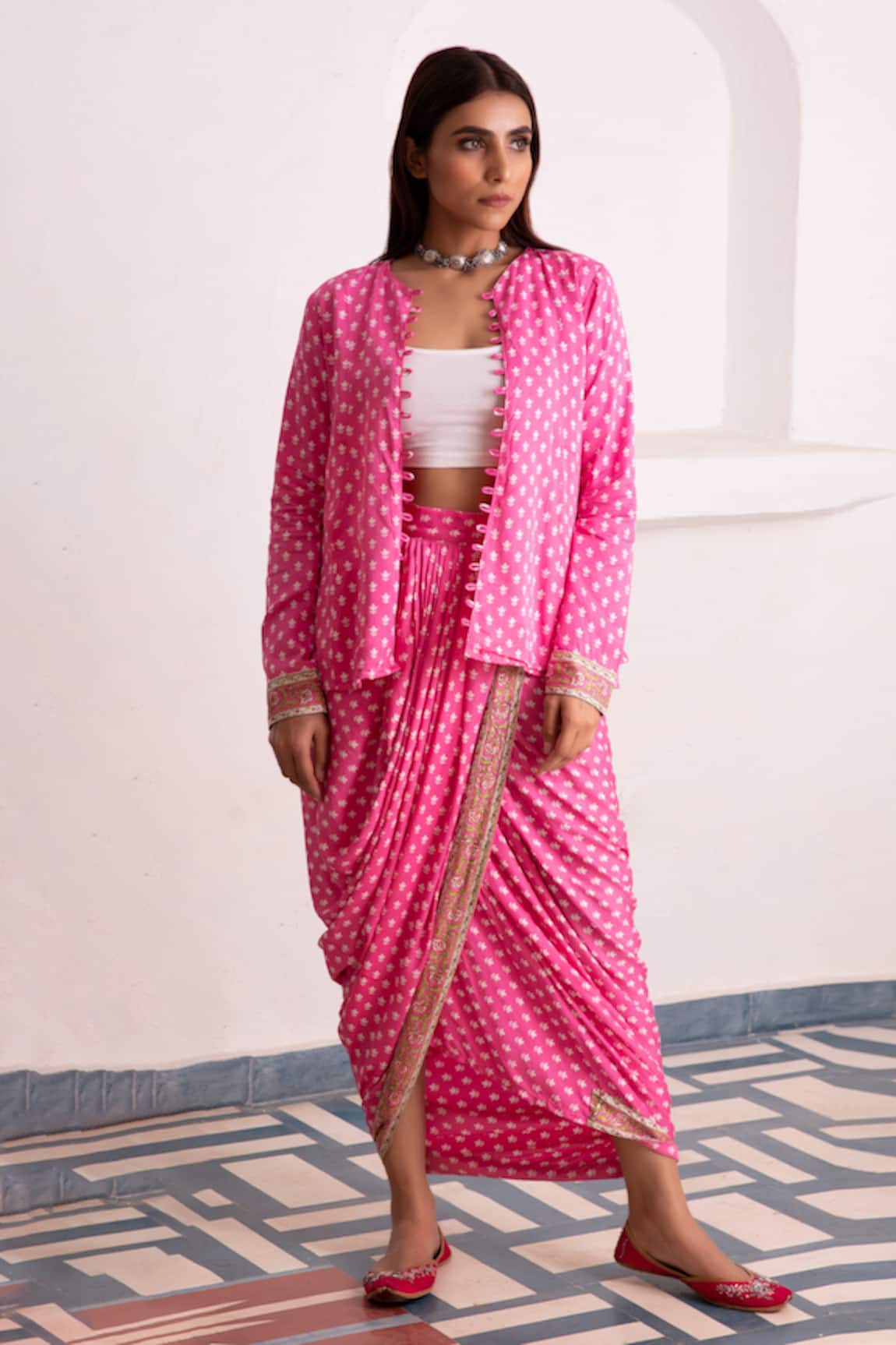Monk & Mei By Sonia Anand Aaliyah Floral Block Print Jacket & Dhoti Skirt Set