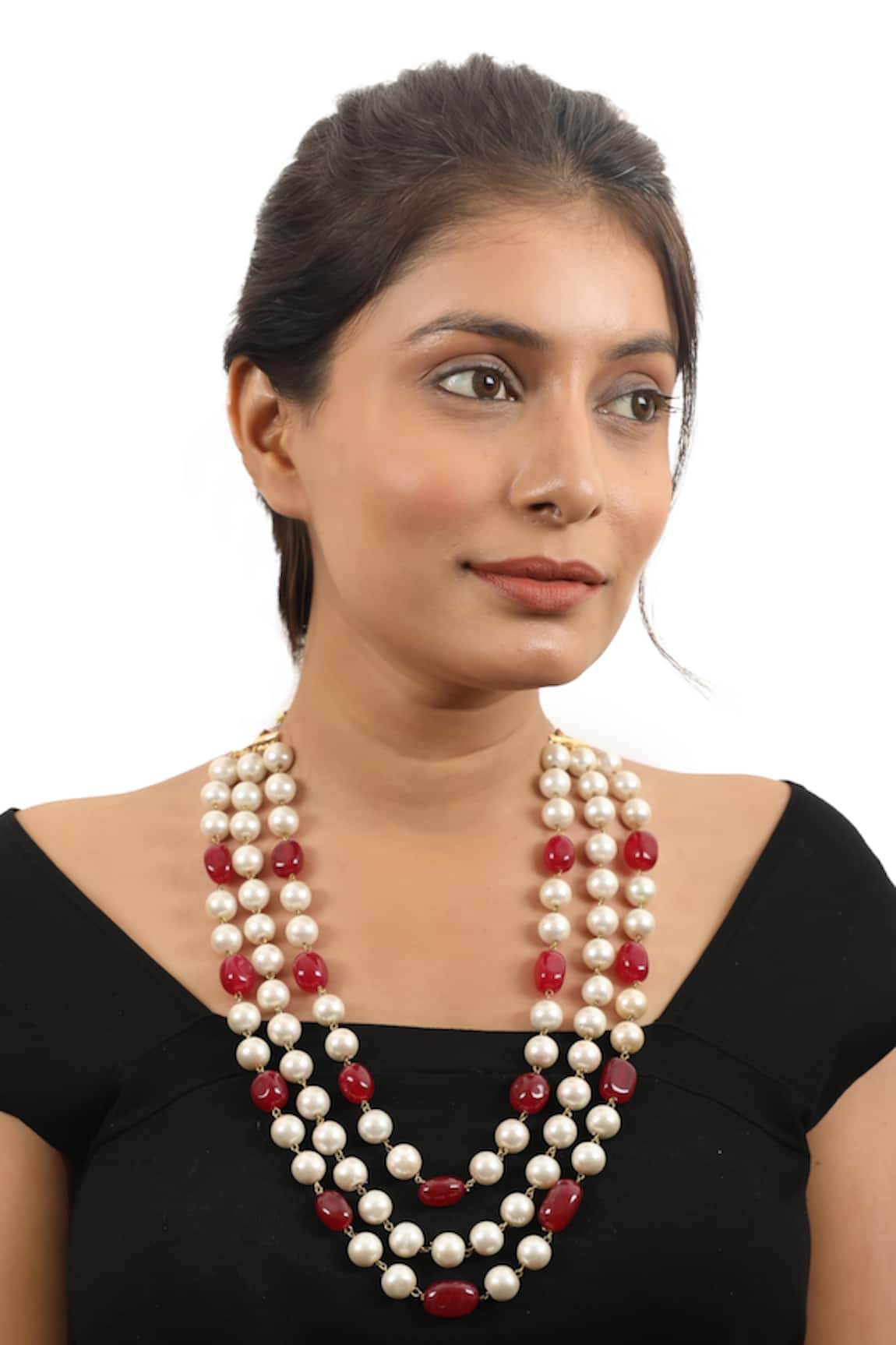 Riana Jewellery Pearls & Ruby Studded Long Necklace 