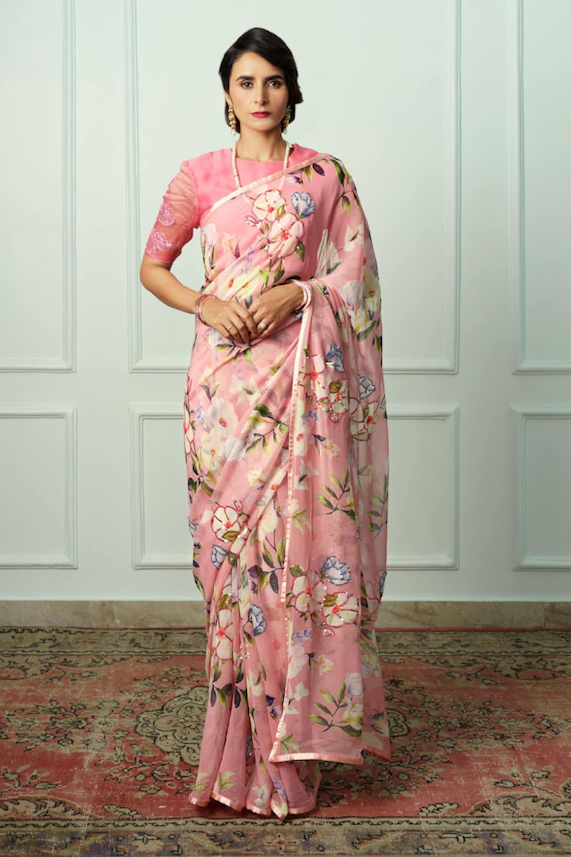 Atelier Shikaarbagh Indira Printed & Embroidered Saree With Unstitched Blouse Piece