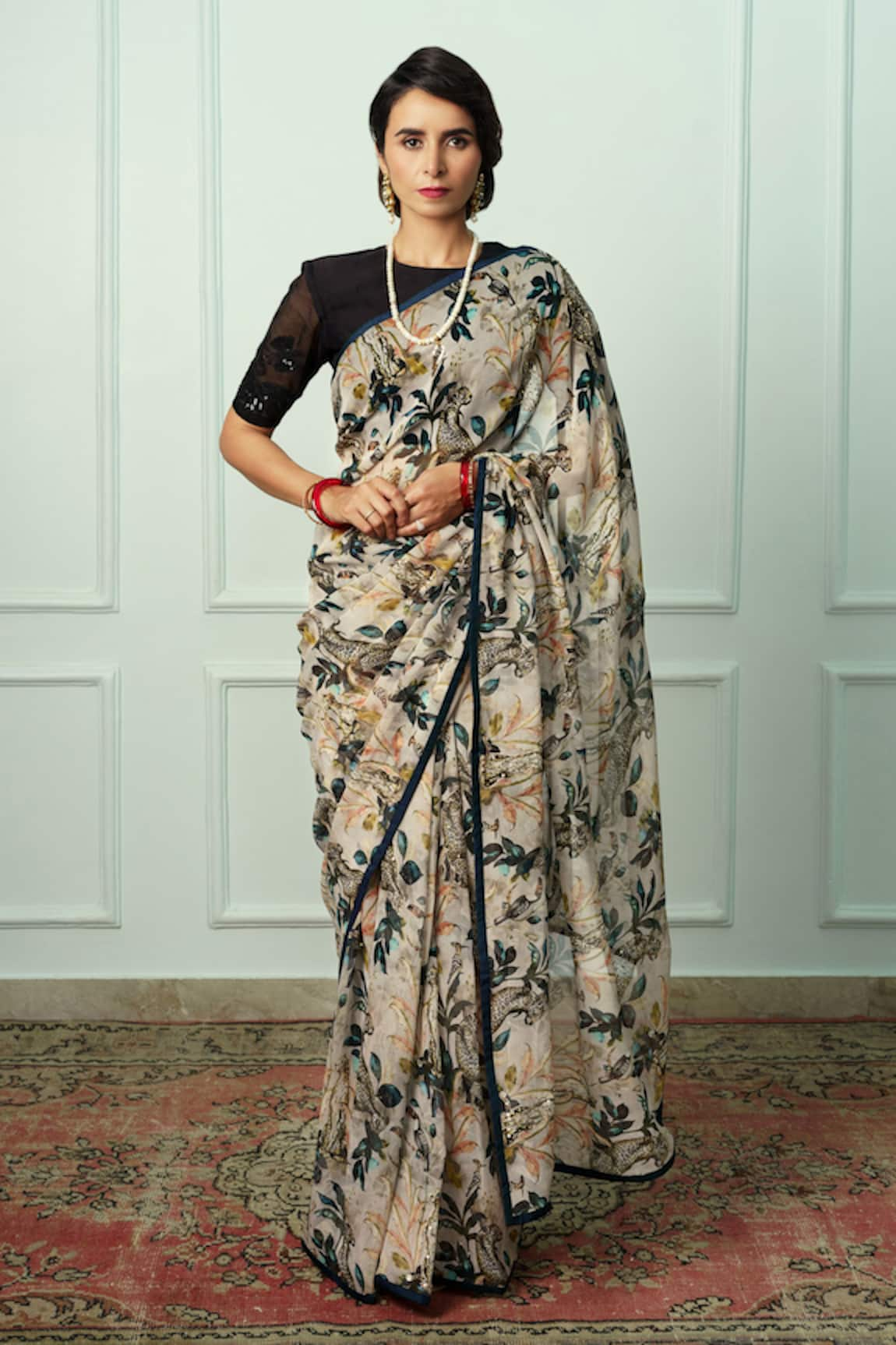 Atelier Shikaarbagh Maithli Floral & Animal Print Saree With Unstitched Blouse Piece