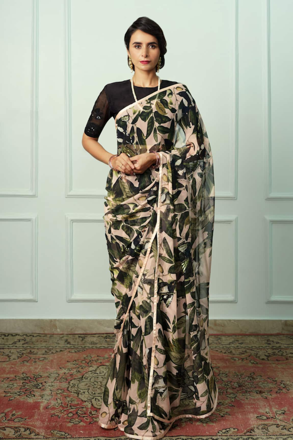 Atelier Shikaarbagh Priyangni Fruit & Leaf Print Saree With Unstitched Blouse Piece