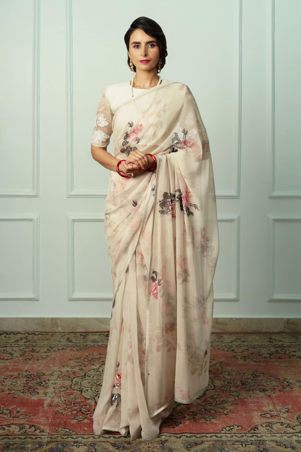 Atelier Shikaarbagh Achala Floral Print Saree With Unstitched Blouse Piece