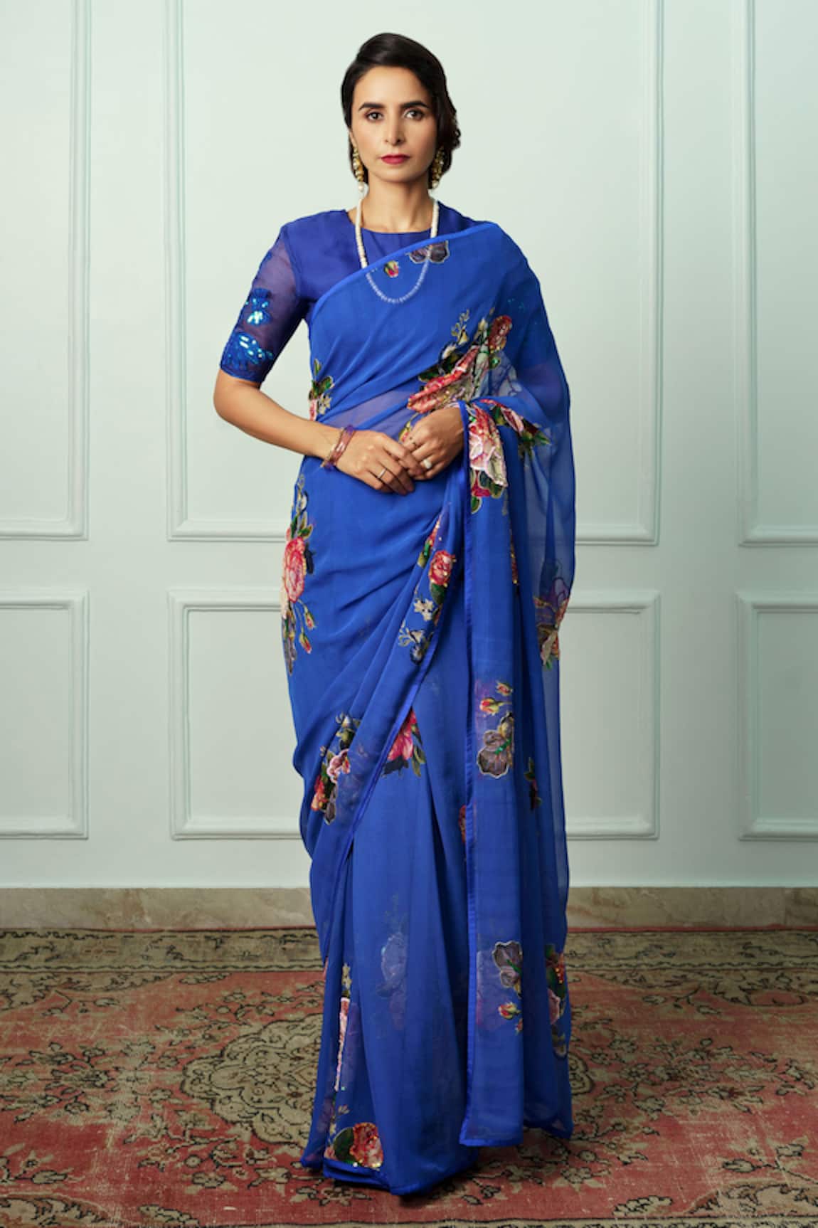 Atelier Shikaarbagh Nilanjana Floral Saree With Embroidered Unstitched Blouse Piece