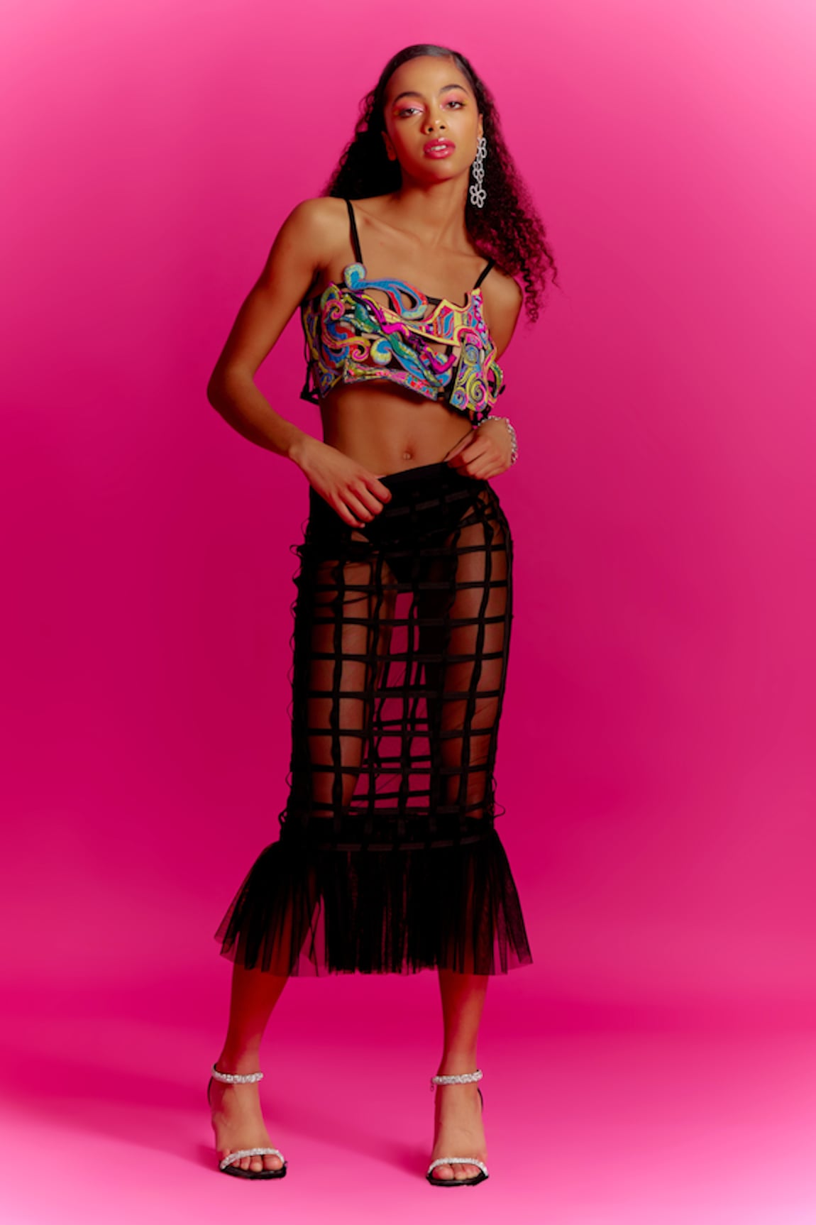 Mini Sondhi Blurry Eyes Trippy Vibes Embroidered Bustier & Pencil Skirt Set