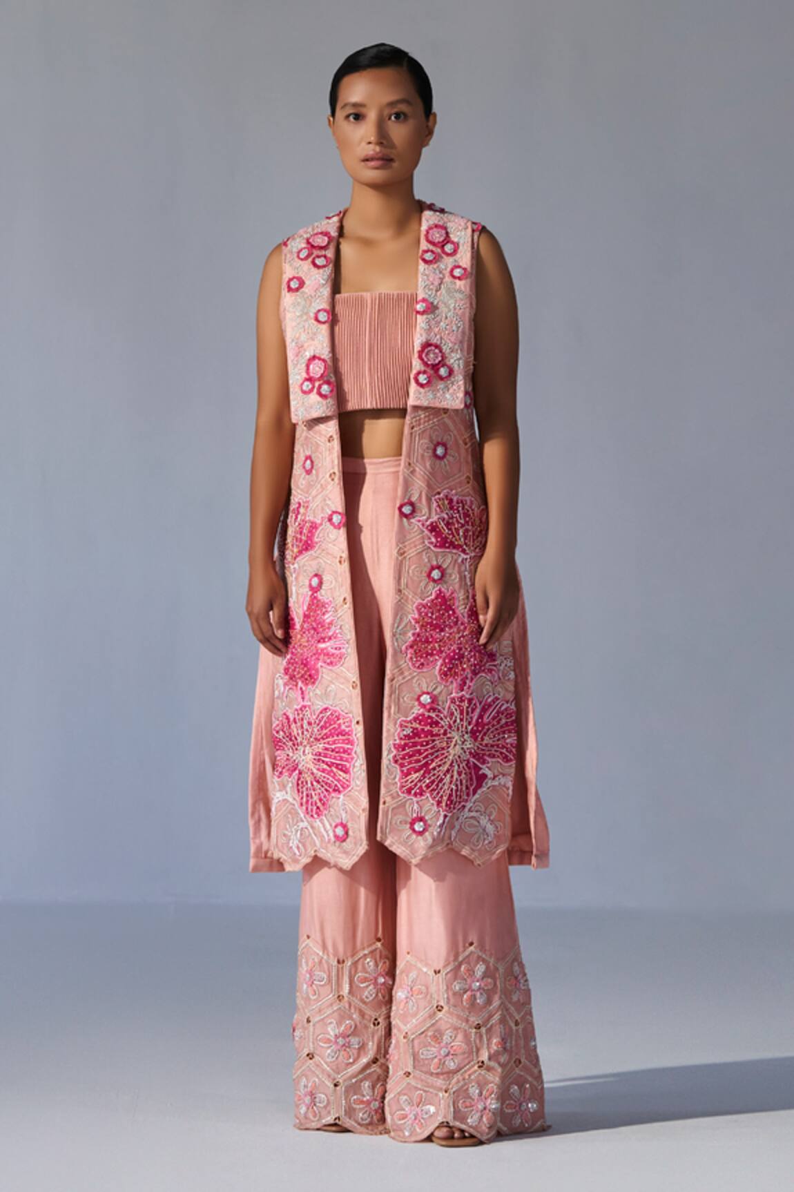 Koashee By Shubitaa Silk Floral Embroidered Jacket Pant Set 