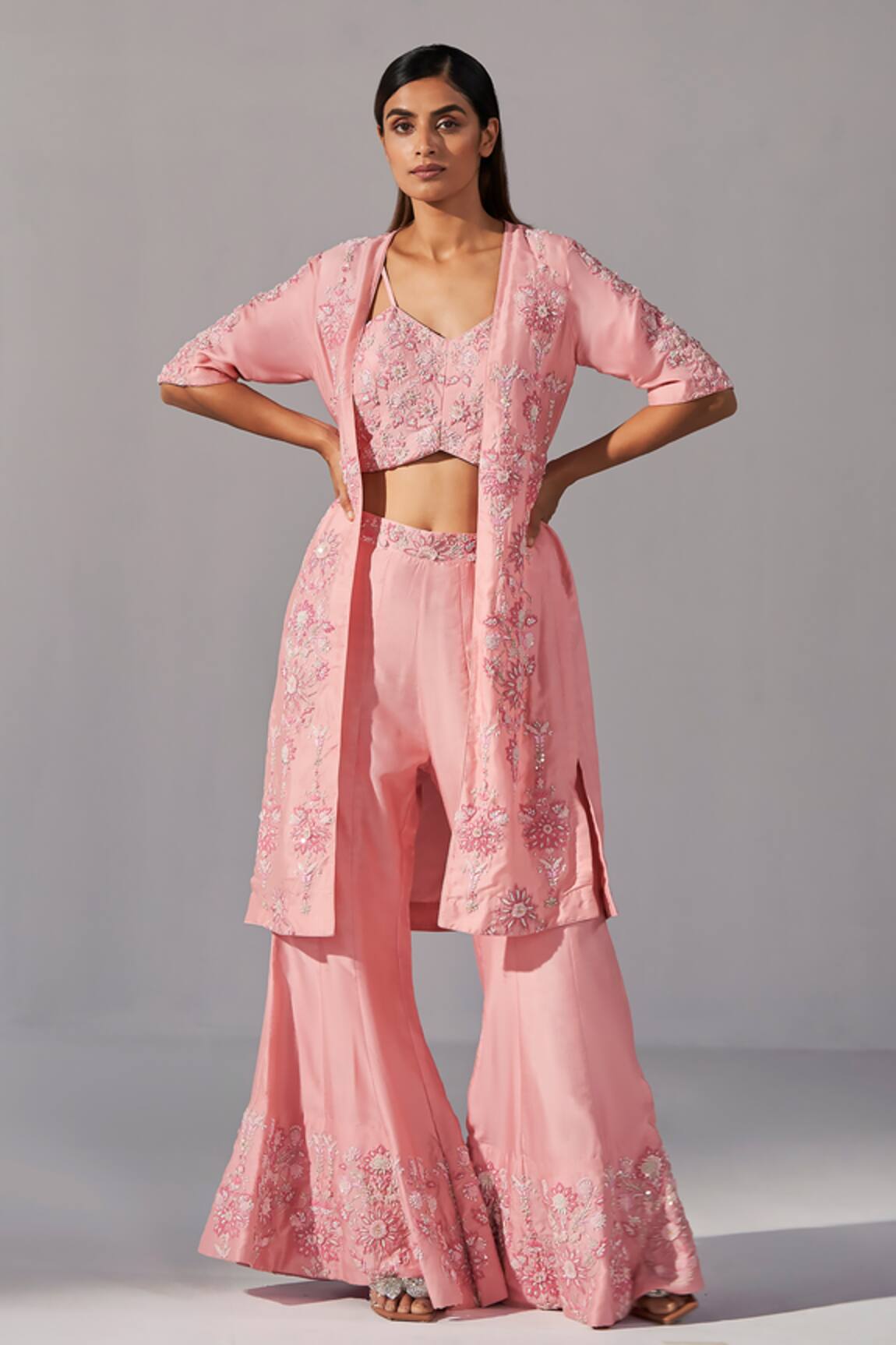 Koashee By Shubitaa Silk Floral Blossom Embroidered Jacket Sharara Set