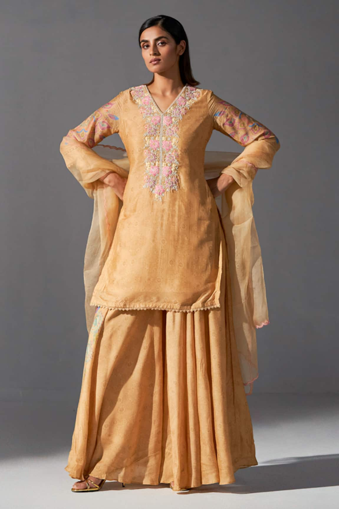 Koashee by Shubitaa Floral Embroidered Bodice Kurta Sharara Set