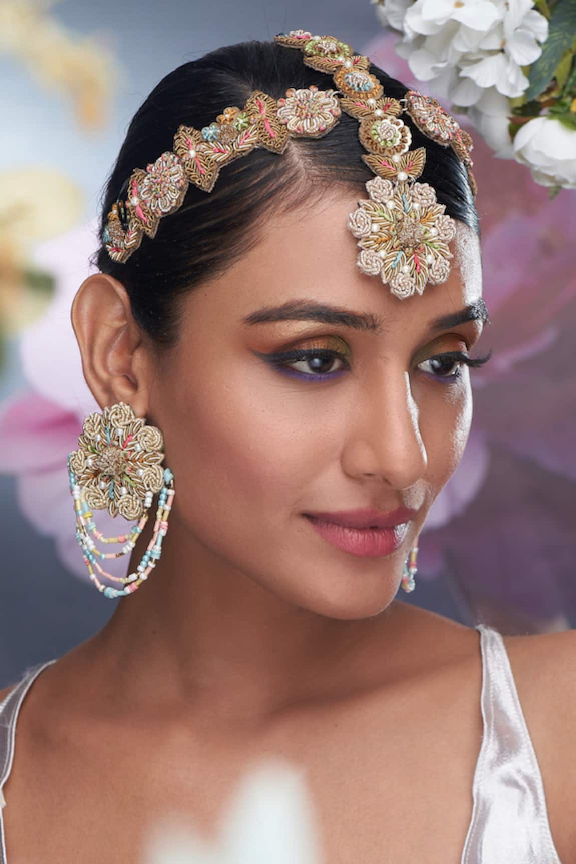 Torque by Merge Floral Embellished Mathapatti & Earring Set