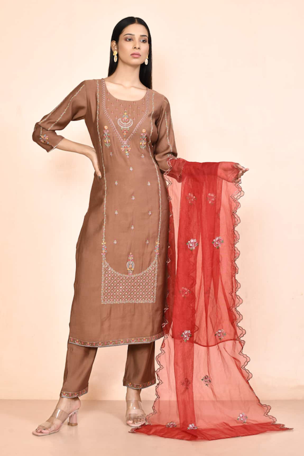 Adara Khan Floral Embroidered Straight Kurta Pant Set
