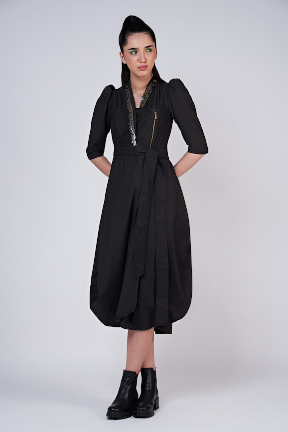 Krati Jain Puff Sleeve Pleated Draped Dress