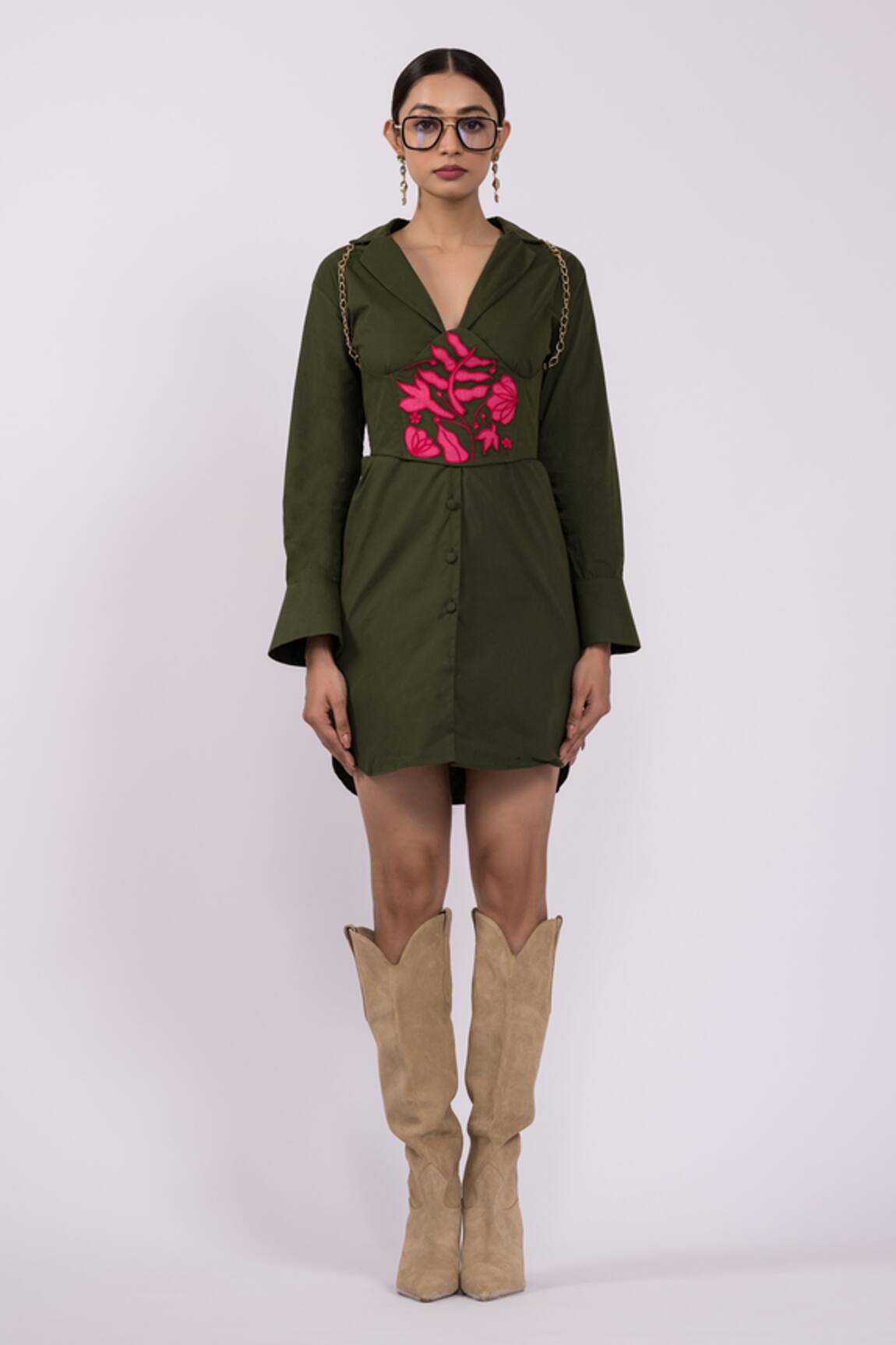 The Dramebaaz CO Embroidered Green Blazer Dress with Corset