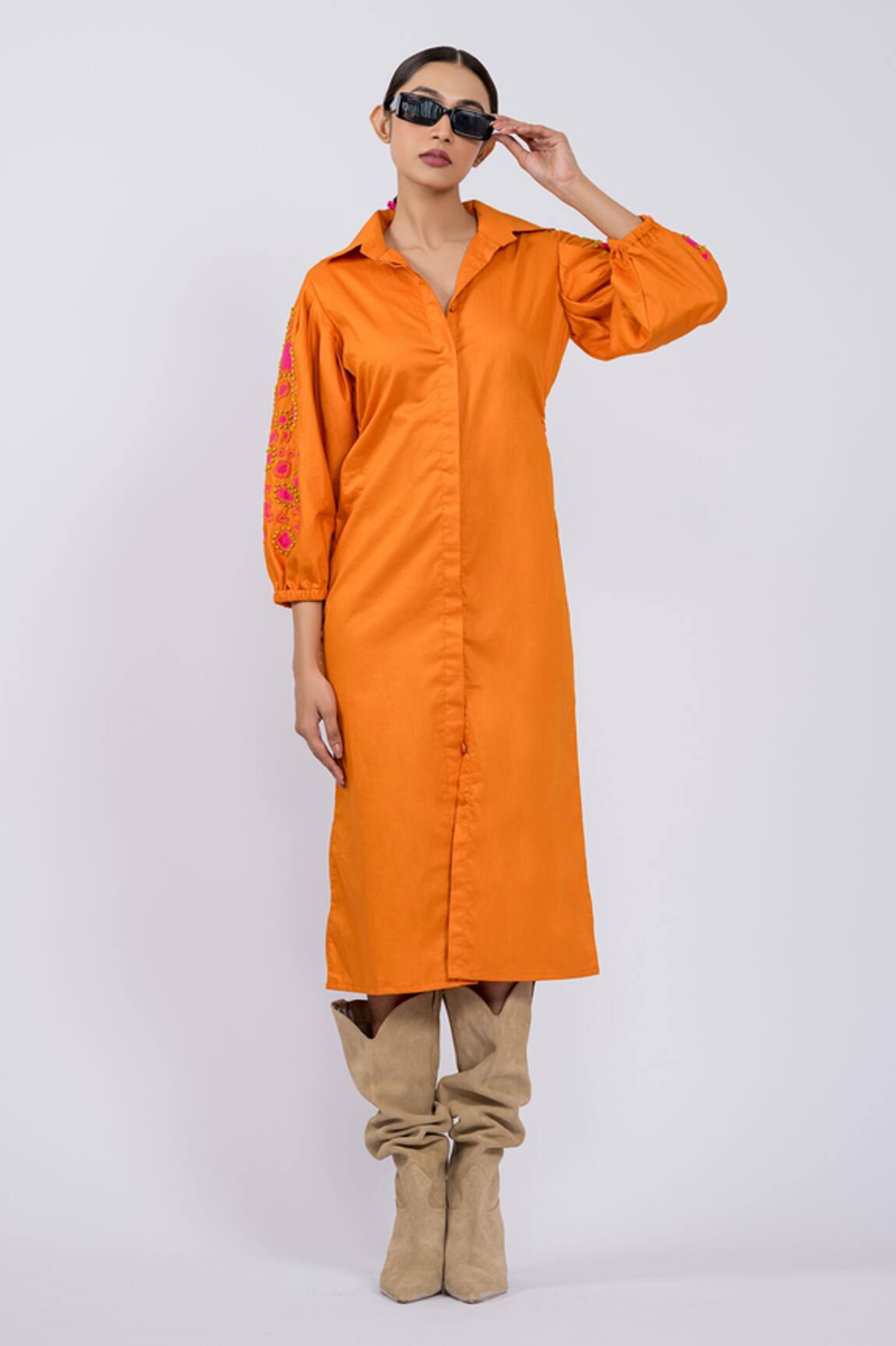The Dramebaaz CO Tangerine Cotton Shirt Dress