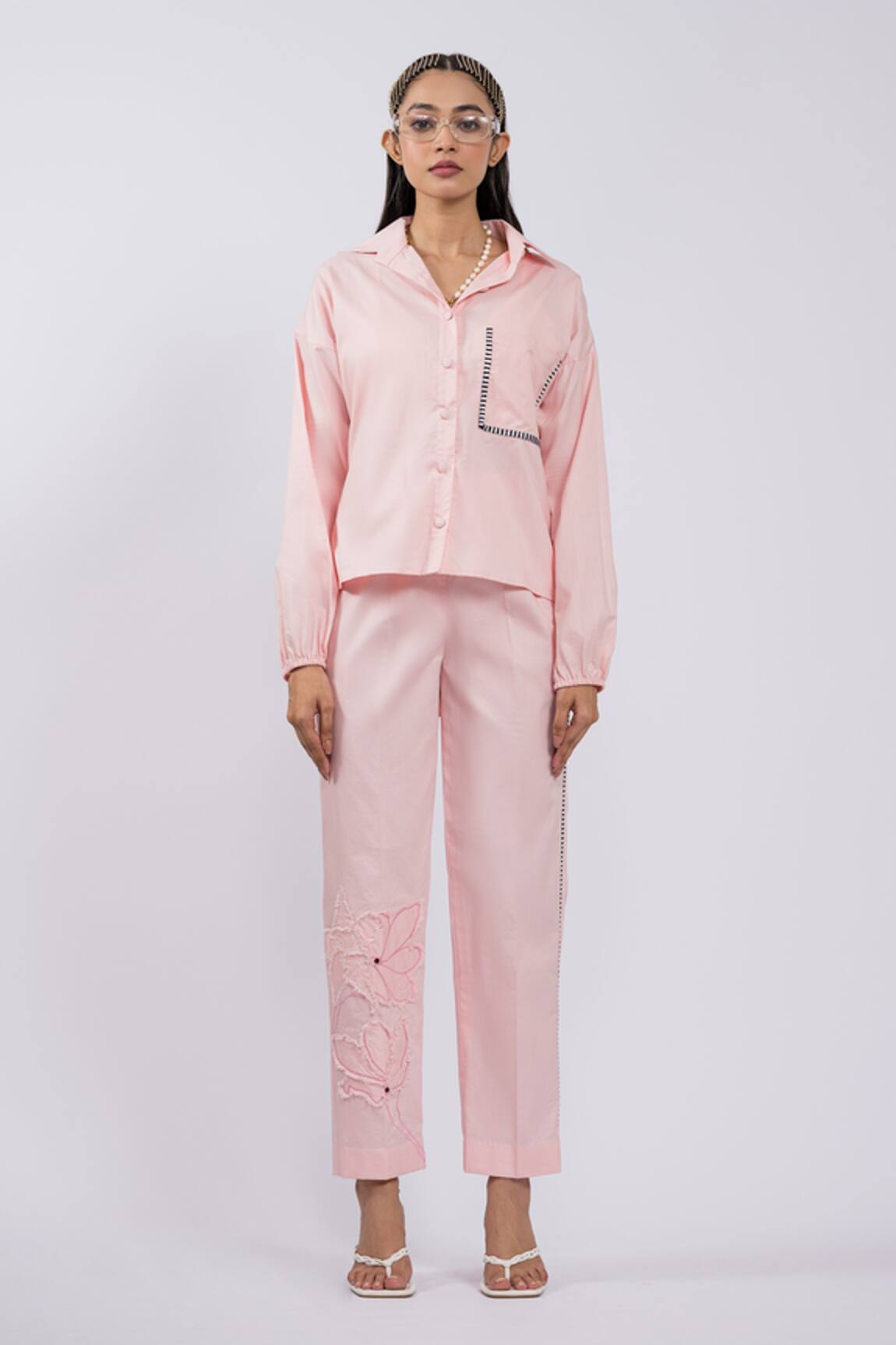 The Dramebaaz CO Pink Floral Applique Shirt & Pant Set