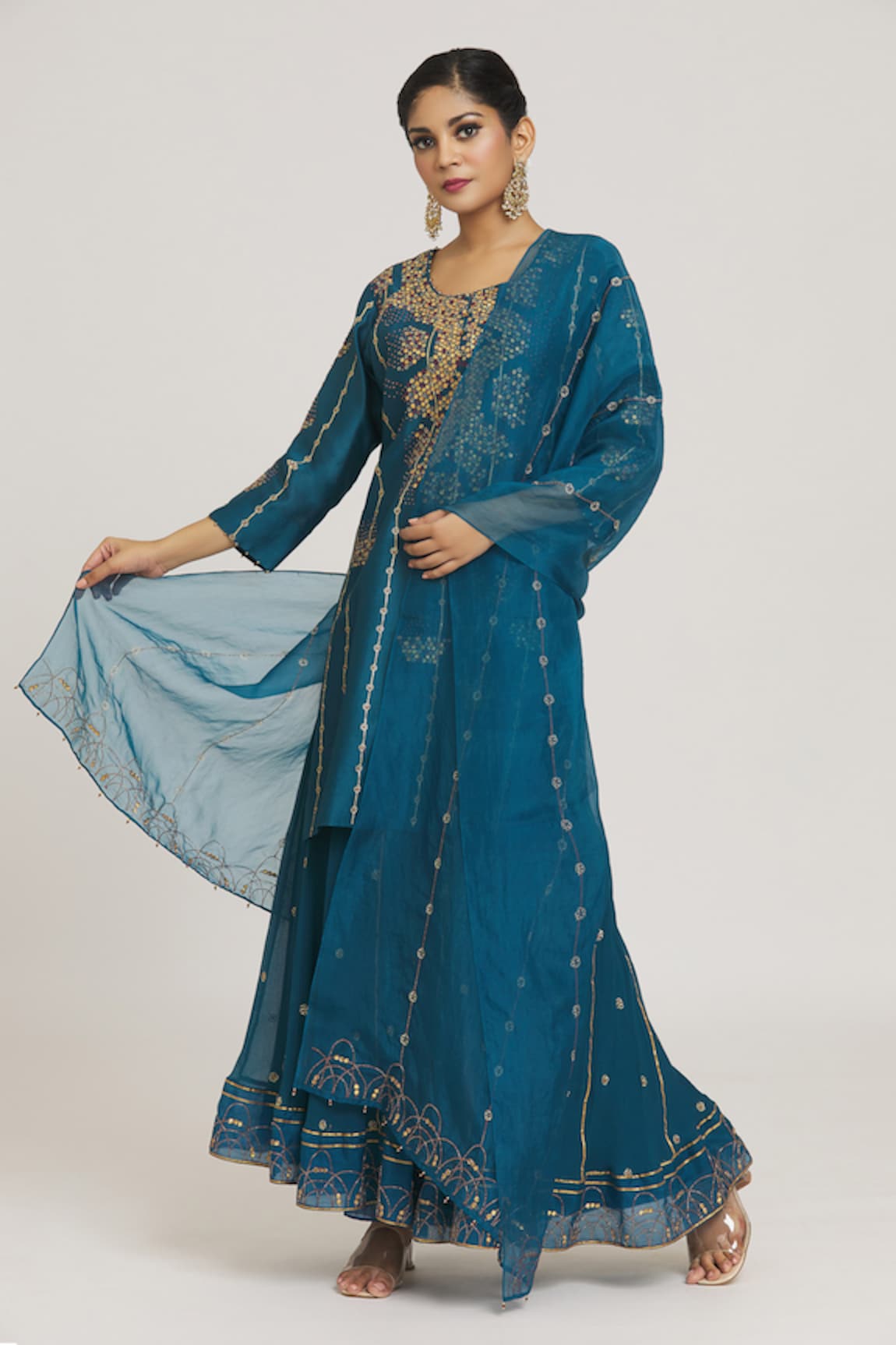 Sozenkari Gota Embroidered Dot Pattern Kurta Sharara Set