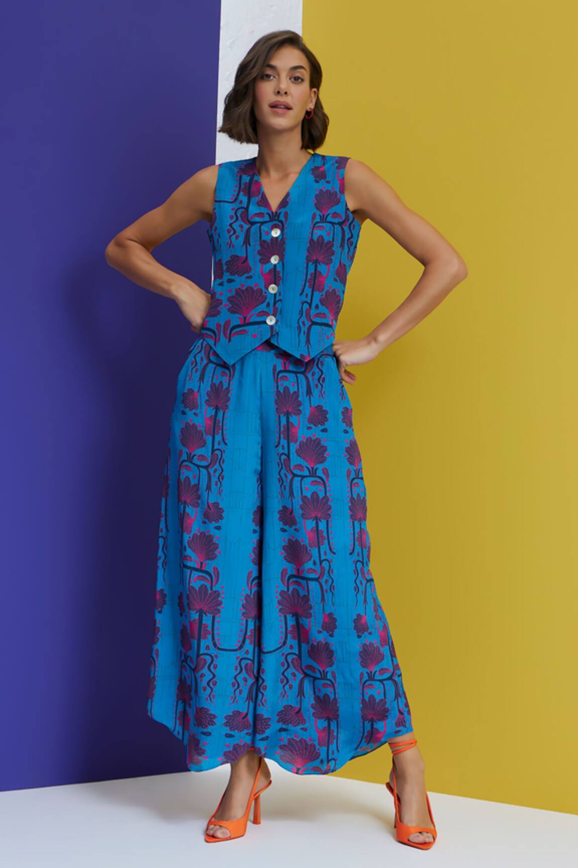 Nautanky Surreal Floral Print Waistcoat & Pant Set 