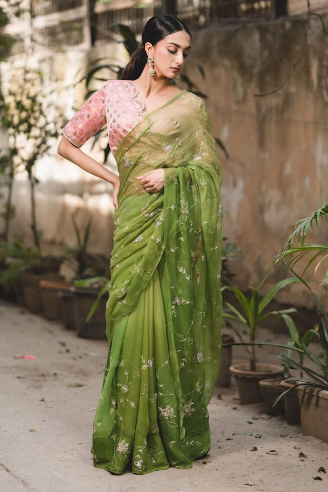 Priyal Bhardwaj Floral Zari Embroidered Saree With Unstitched Blouse Piece