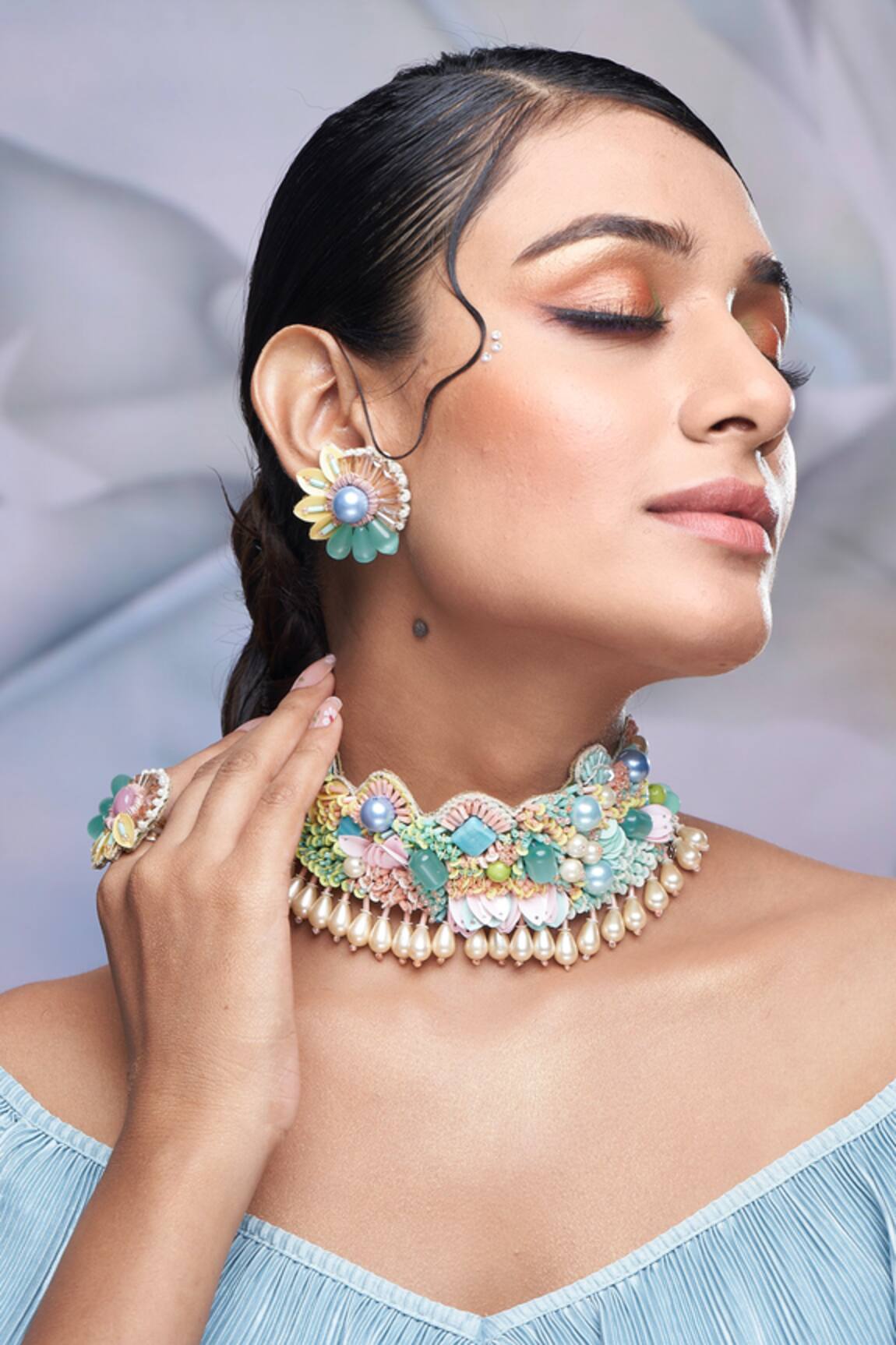 Torque By Merge Stone Embellished Choker & Stud Earrings Set