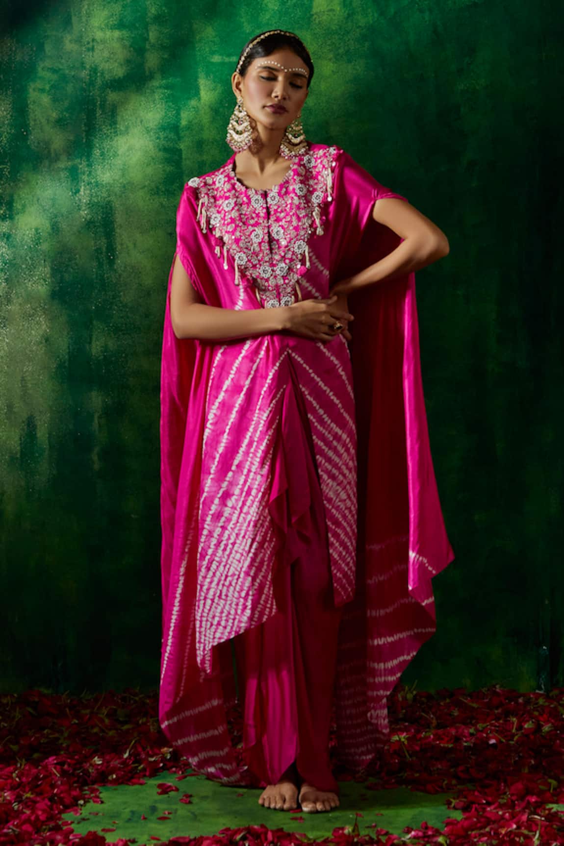 Pink City By Sarika Pink Tie-Dye Cape & Draped Skirt Set 