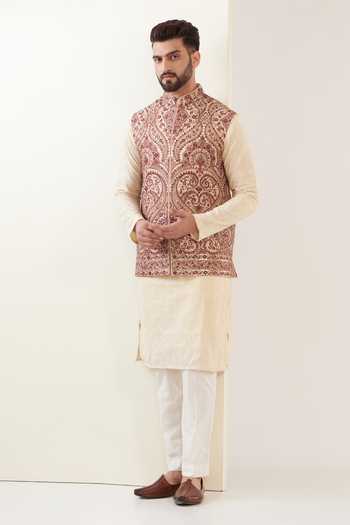 Kasbah Beige Kashmiri Embroidered Nehru Jacket 