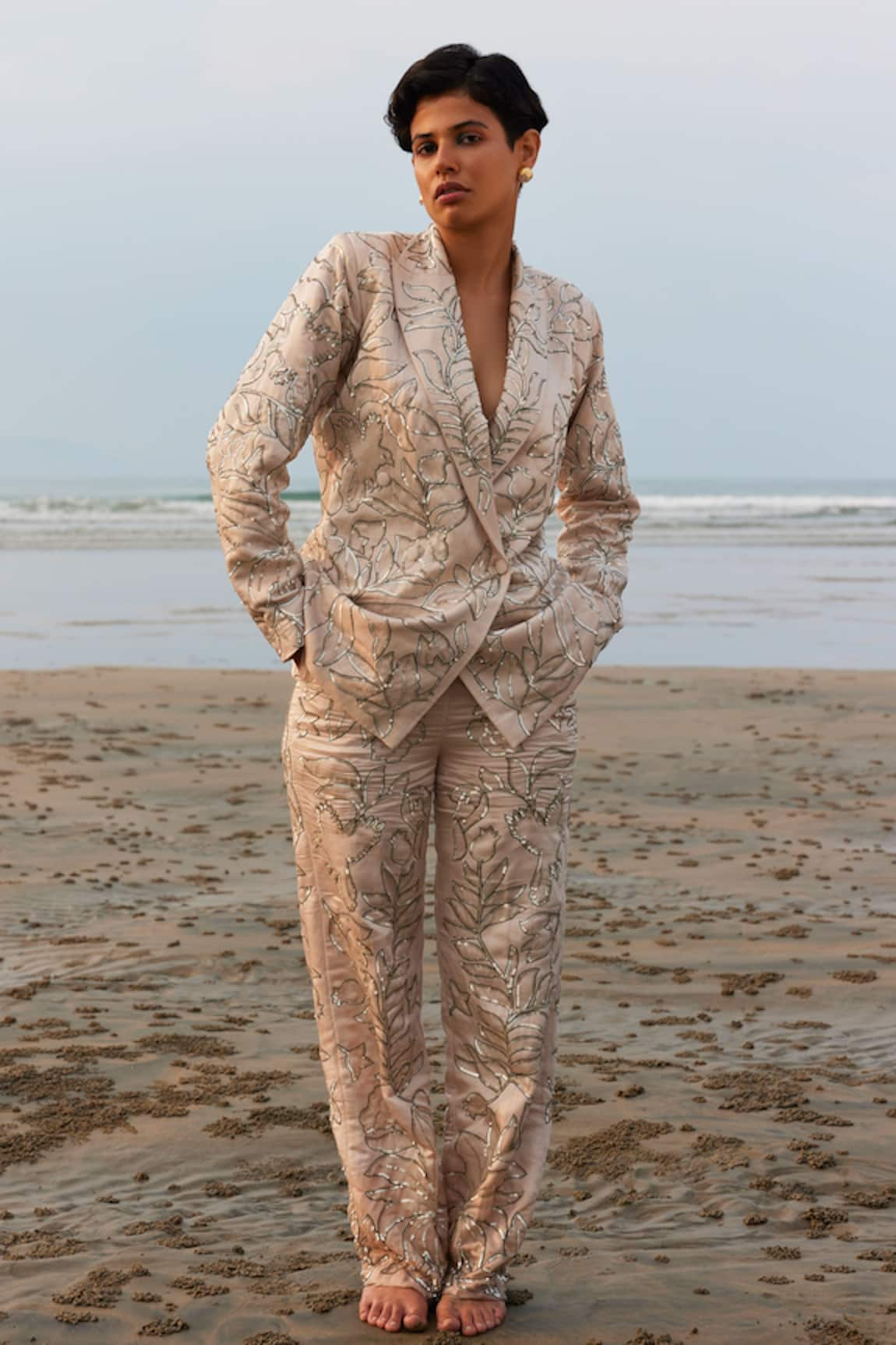 Twinkle Hanspal Linen Satin Embroidered Blazer & Pant Set