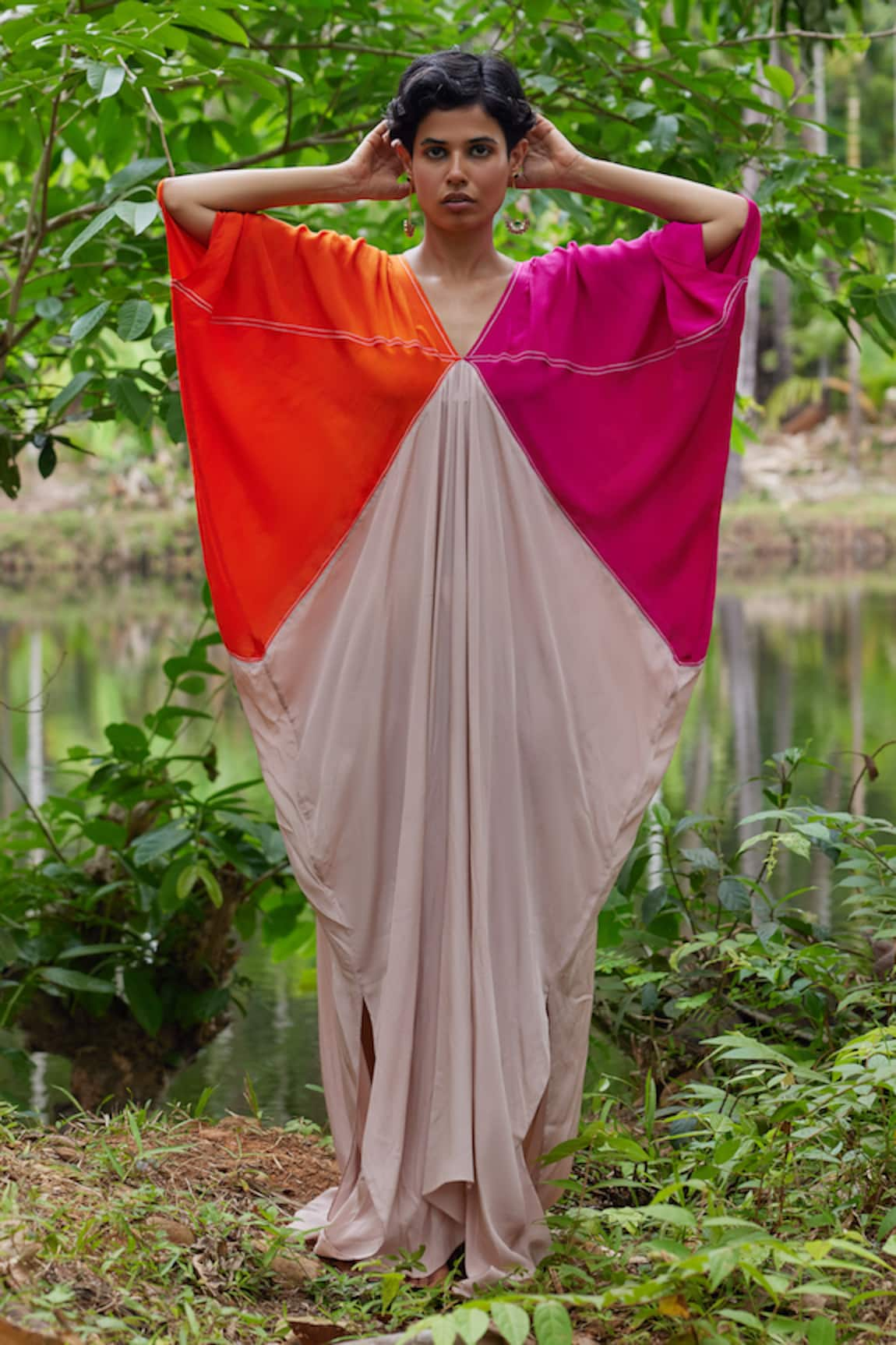 Twinkle Hanspal Coral Color Blocked V Neck Kaftan