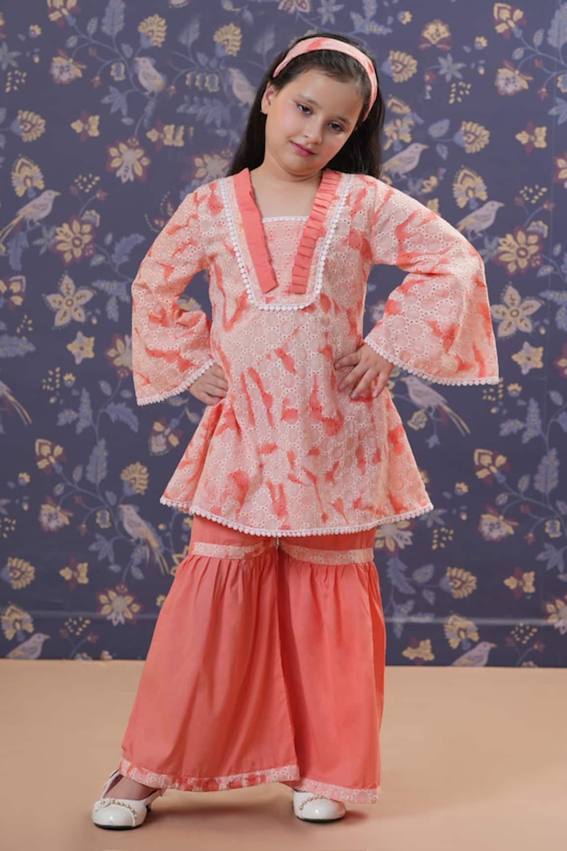 Cute Couture Peach Schiffli Tunic & Palazzo Set 