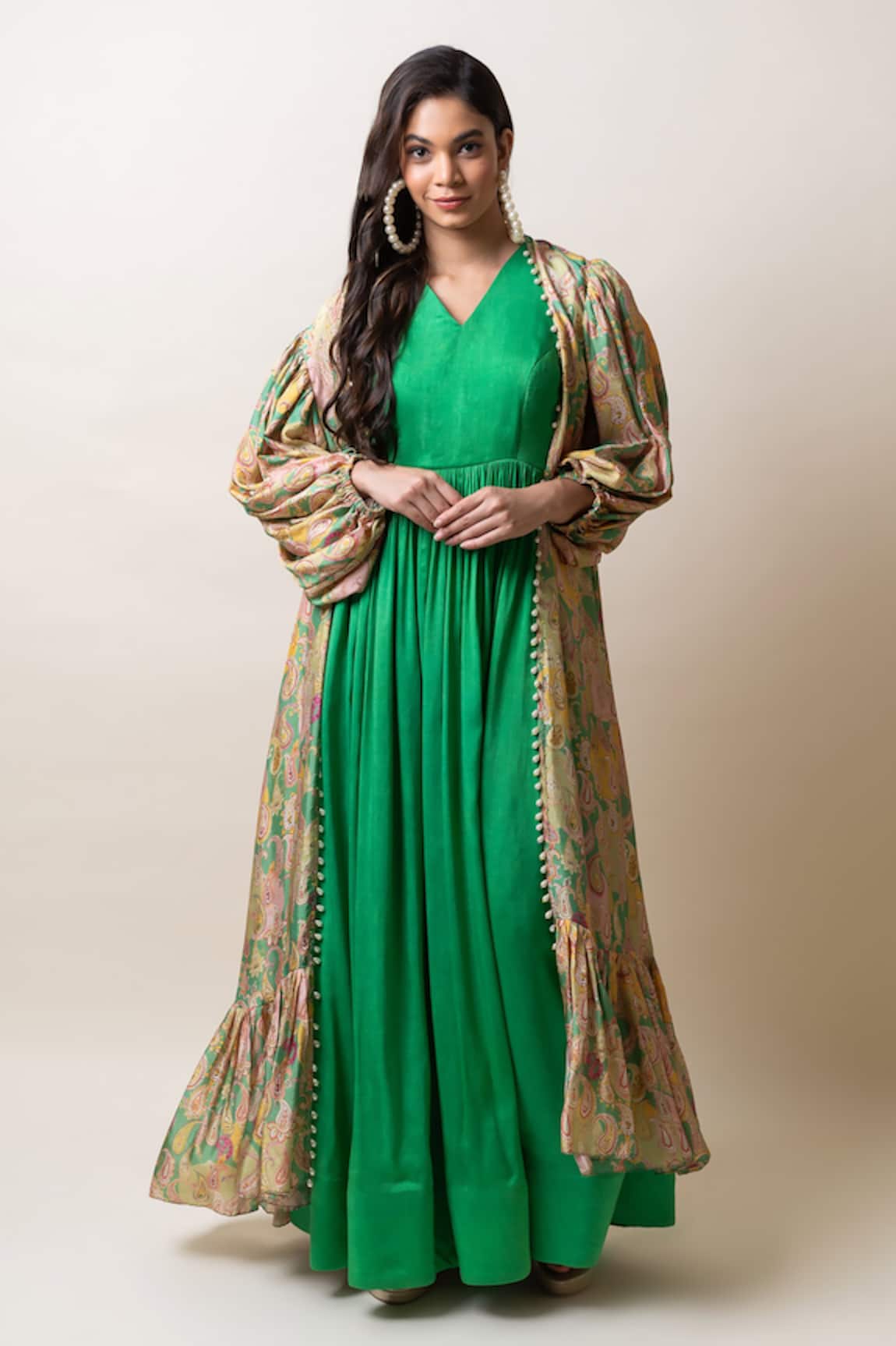 SutrabySweta Solid Flared Gown & Printed Cape Set