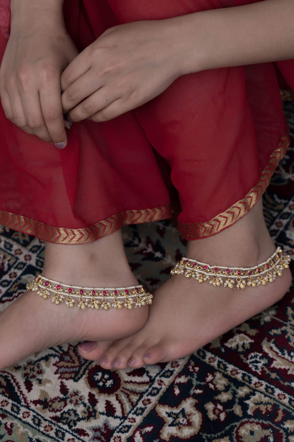 Paisley Pop Pink Kundan & Pearl Studded Anklets - Set Of 2