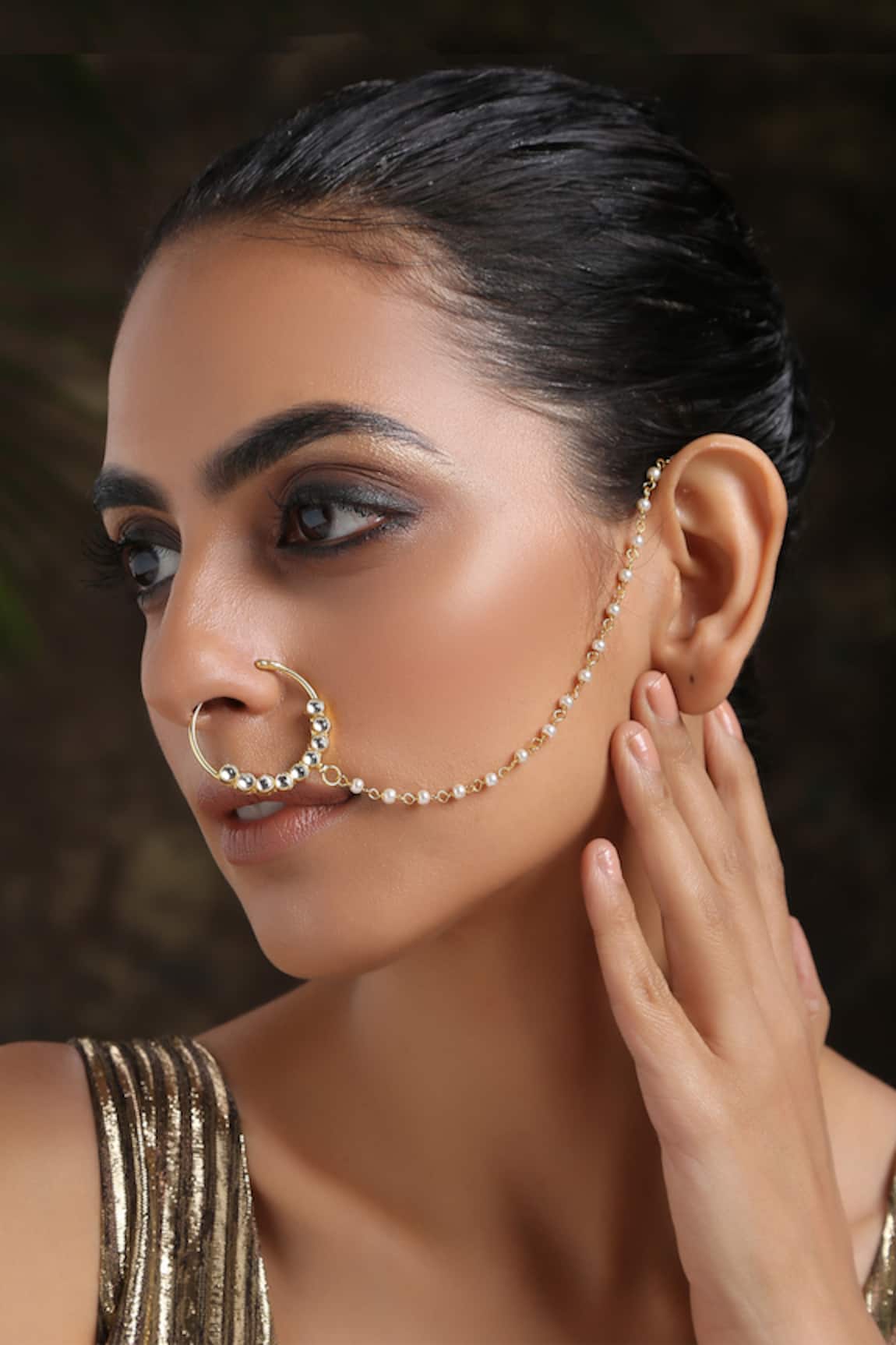 Paisley Pop Gold Kundan Nose Ring with Bead Chain 